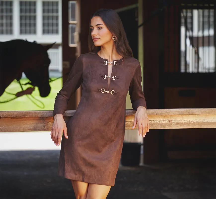 Long Sleeve Microsuede Shift Dress In Dark Brown made by Adrianna Papell