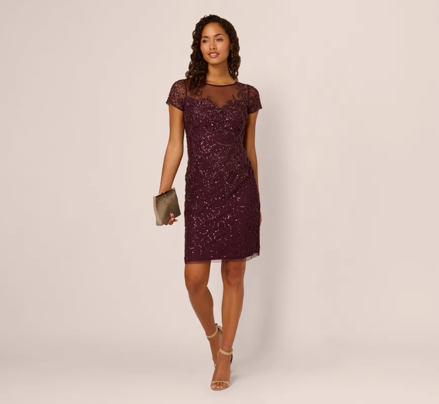 Beaded Short Sleeve Sheath Dress In Night Plum sold by Adrianna Papell