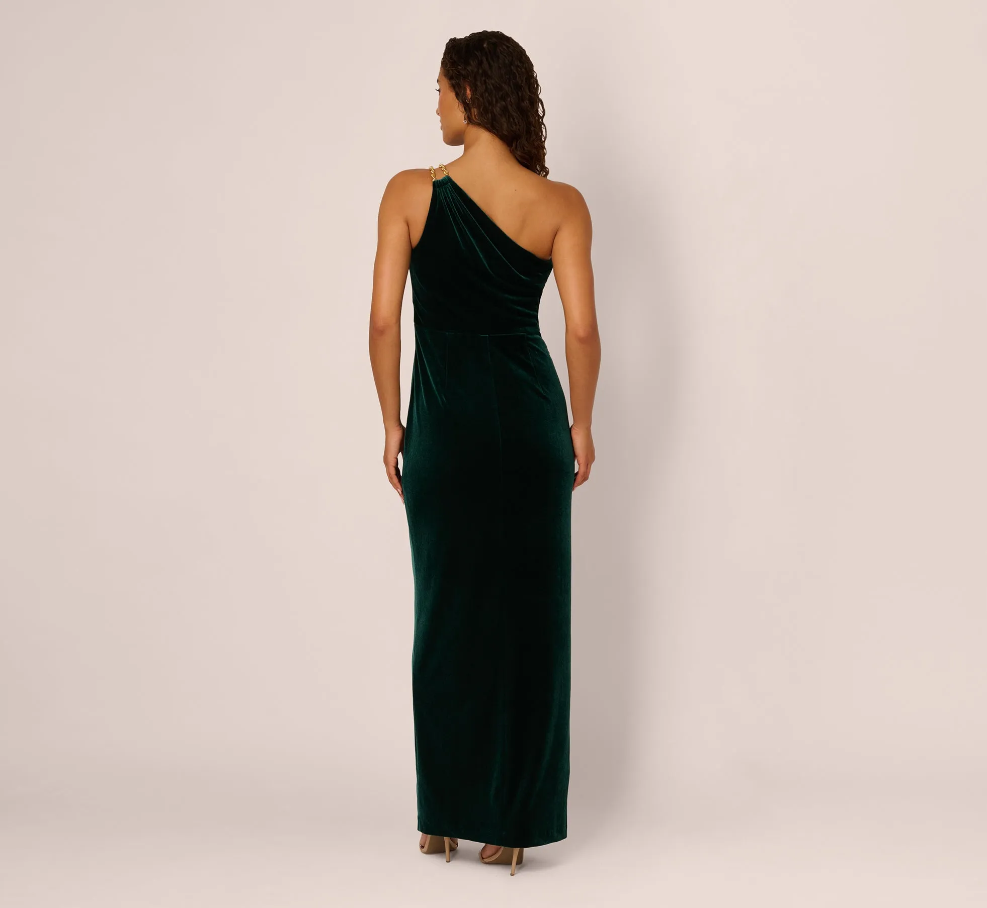One Shoulder Draped Velvet Gown With Chain Accent In Emerald sold by Adrianna Papell product image thumbnail 5