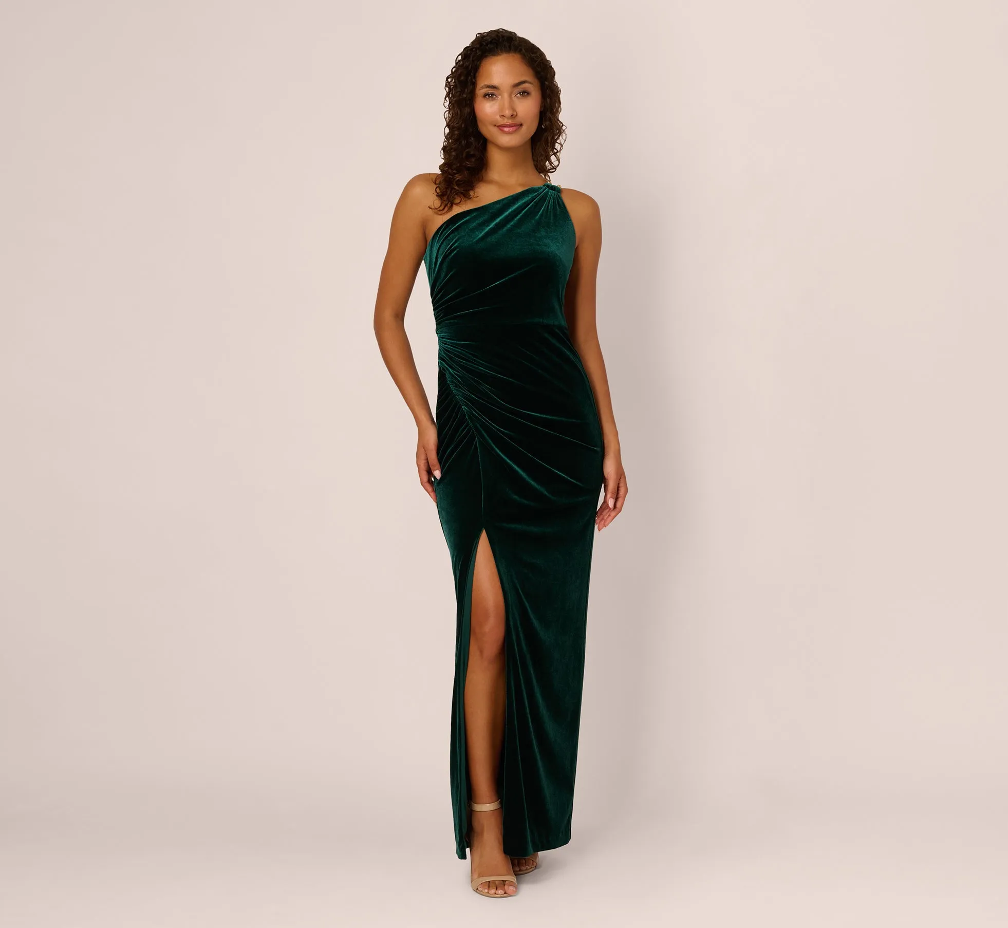 One Shoulder Draped Velvet Gown With Chain Accent In Emerald sold by Adrianna Papell product image thumbnail 2