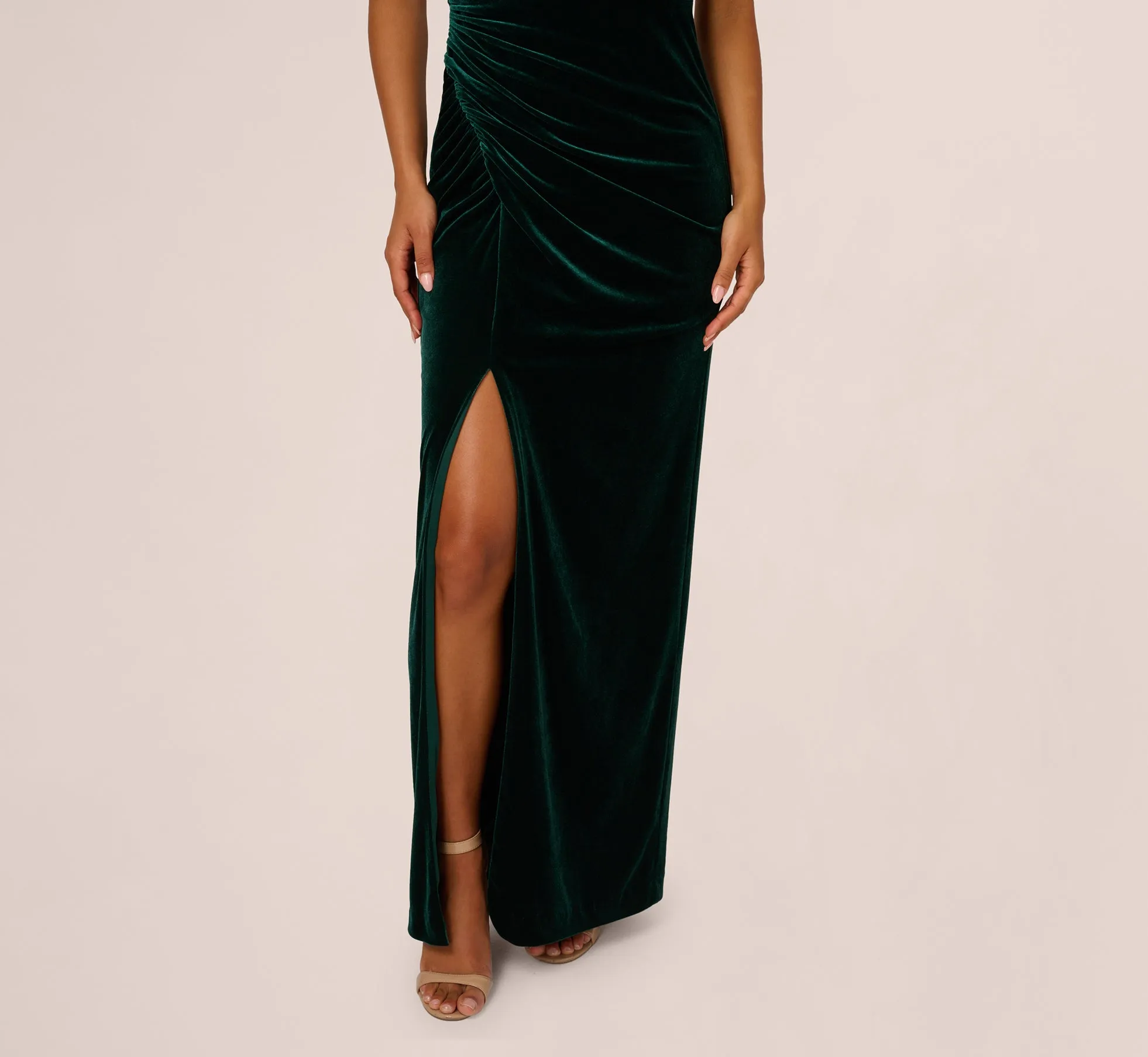 One Shoulder Draped Velvet Gown With Chain Accent In Emerald sold by Adrianna Papell product image thumbnail 4