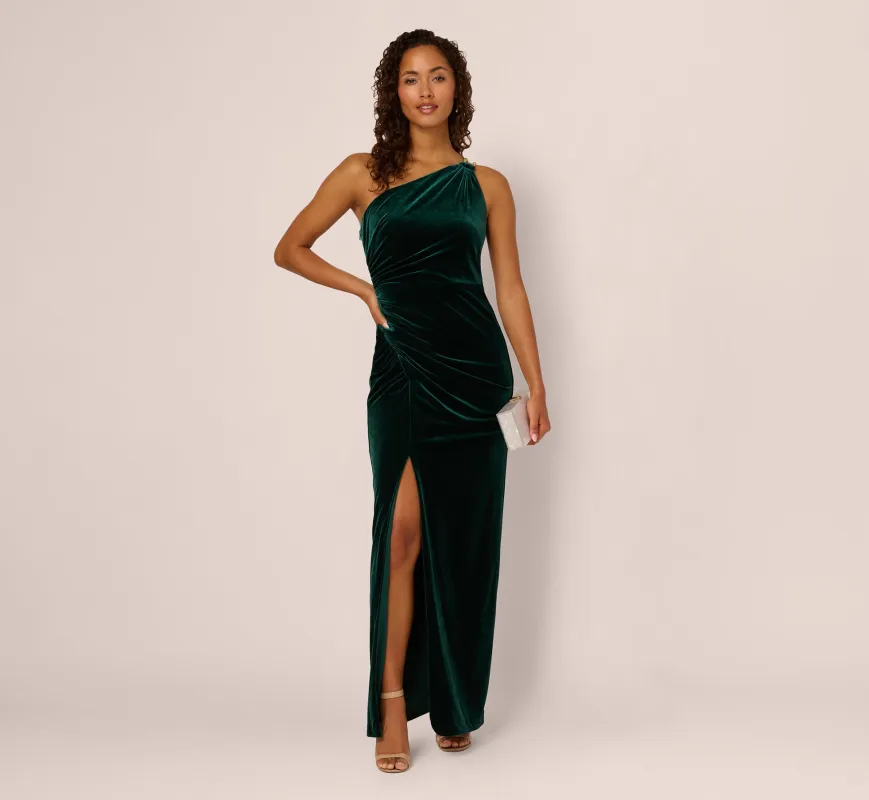One Shoulder Draped Velvet Gown With Chain Accent In Emerald sold by Adrianna Papell