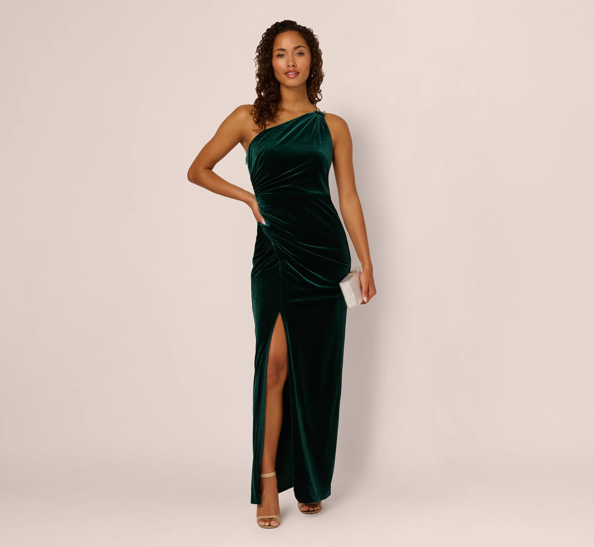 One Shoulder Draped Velvet Gown With Chain Accent In Emerald sold by Adrianna Papell