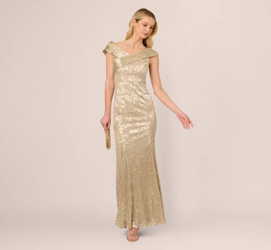 Off Shoulder Foil Leaf Mermaid Gown In Champagne Gold sold by Adrianna Papell