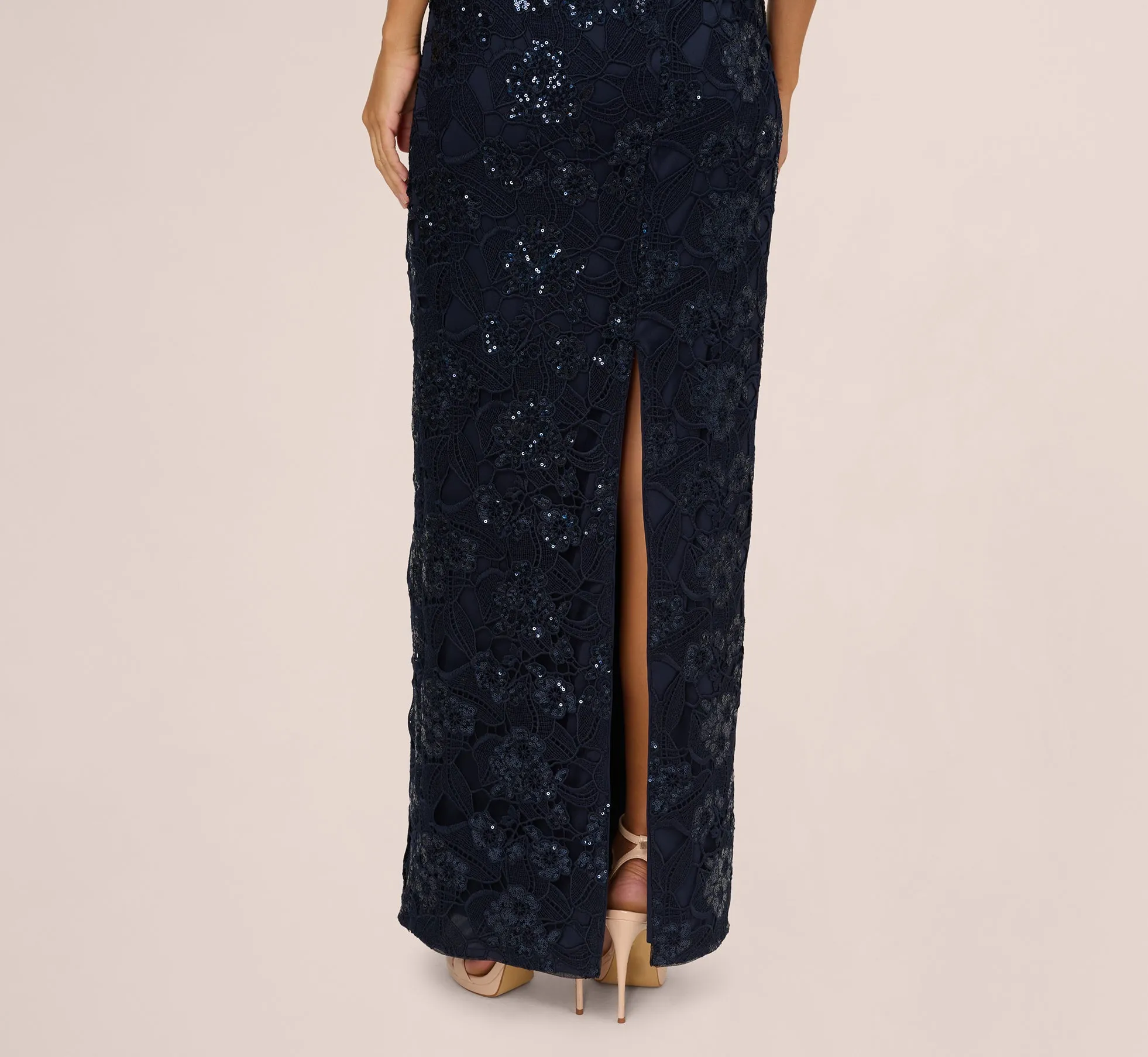 Off Shoulder Bell Sleeve Sequin Lace Gown In Midnight sold by Adrianna Papell product image thumbnail 4