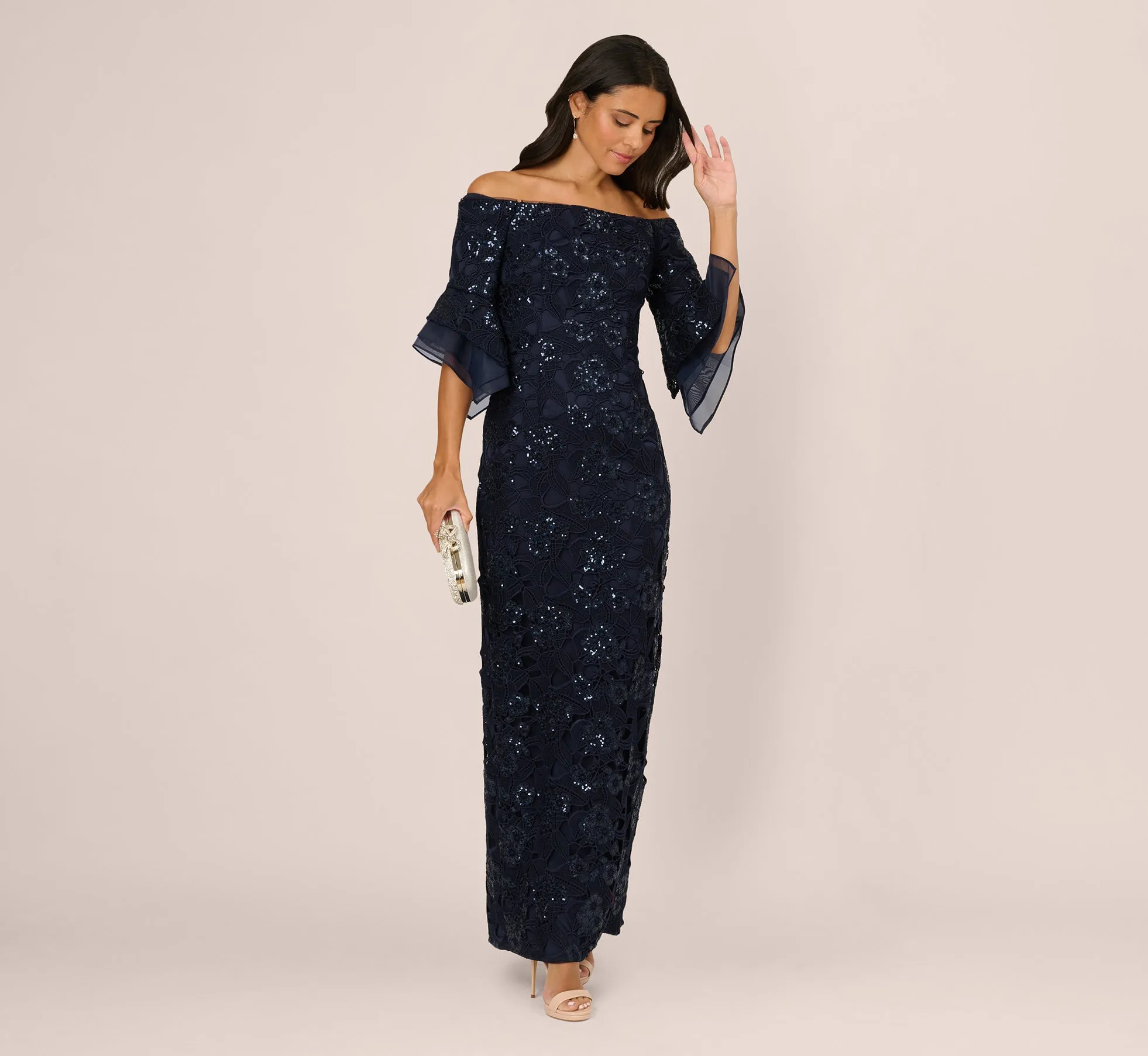 Off Shoulder Bell Sleeve Sequin Lace Gown In Midnight sold by Adrianna Papell