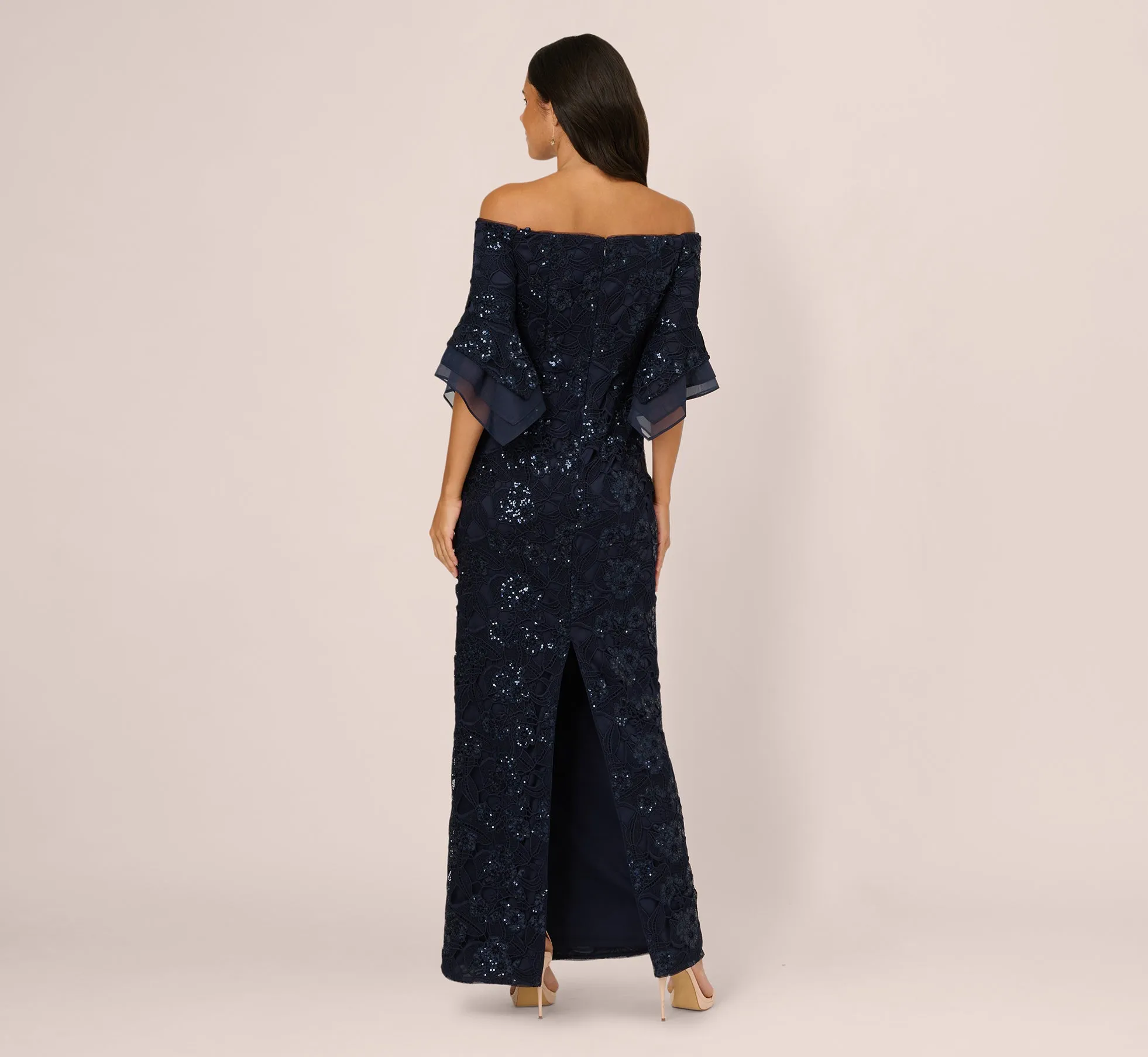 Off Shoulder Bell Sleeve Sequin Lace Gown In Midnight sold by Adrianna Papell product image thumbnail 5