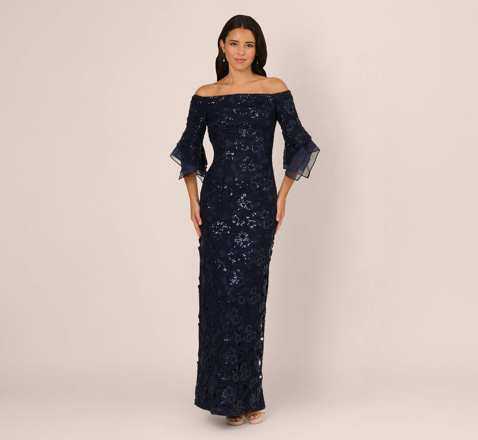 Off Shoulder Bell Sleeve Sequin Lace Gown In Midnight sold by Adrianna Papell product image thumbnail 2