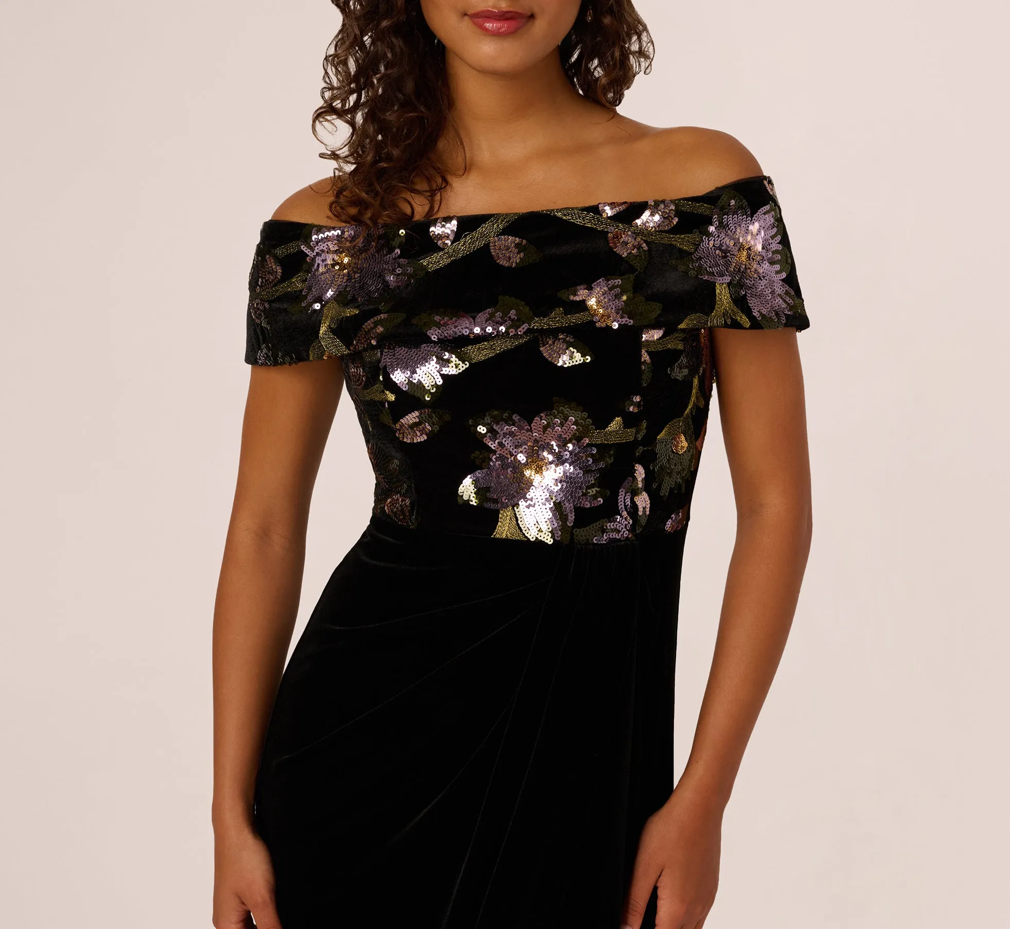 Off Shoulder Sequin Velvet Combo Gown In Black Multi sold by Adrianna Papell product image thumbnail 4