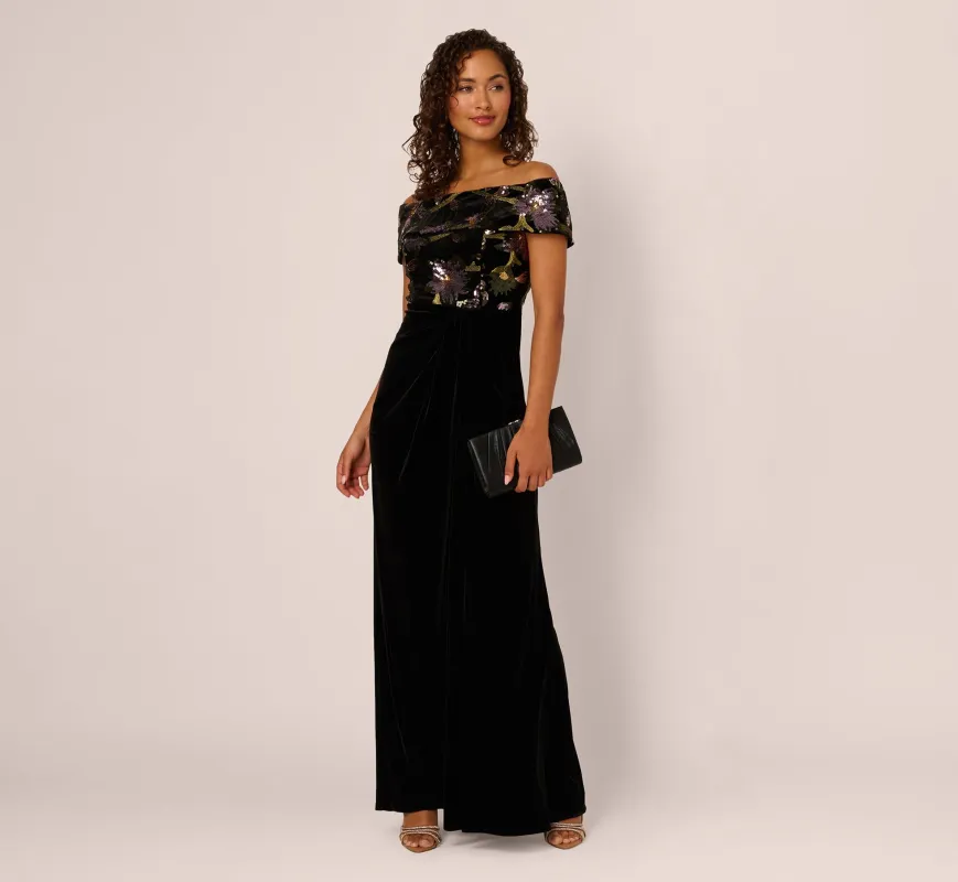 Off Shoulder Sequin Velvet Combo Gown In Black Multi sold by Adrianna Papell