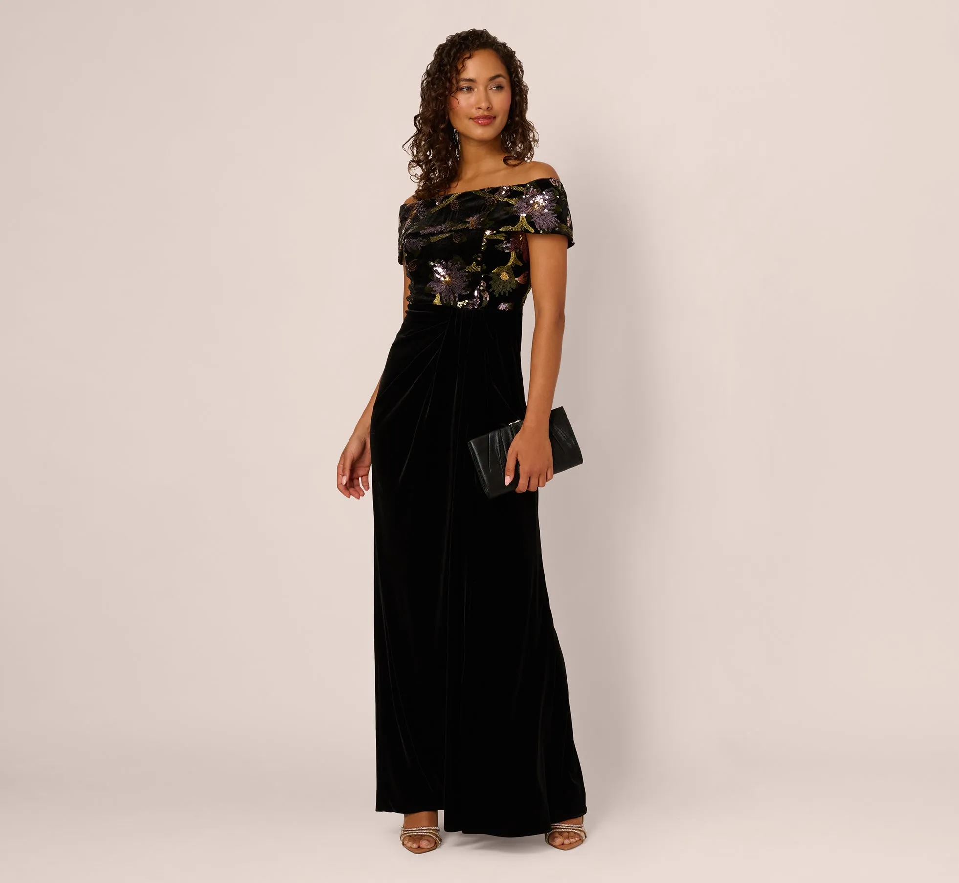 Off Shoulder Sequin Velvet Combo Gown In Black Multi sold by Adrianna Papell