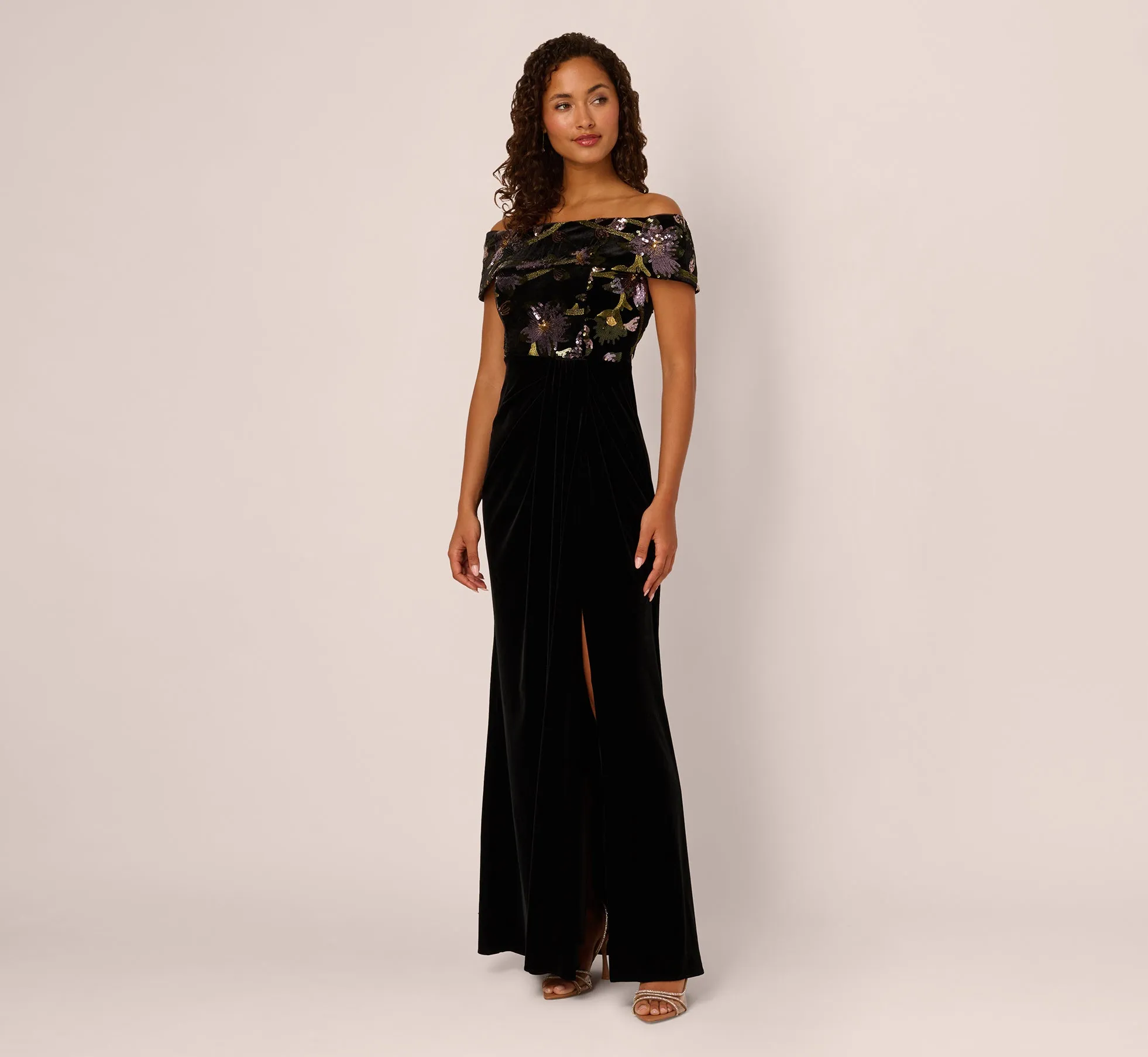 Off Shoulder Sequin Velvet Combo Gown In Black Multi sold by Adrianna Papell product image thumbnail 2