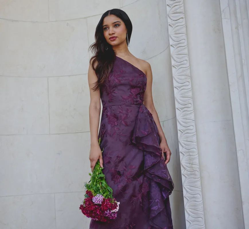 One Shoulder Floral Embroidered Gown In Raisin made by Adrianna Papell