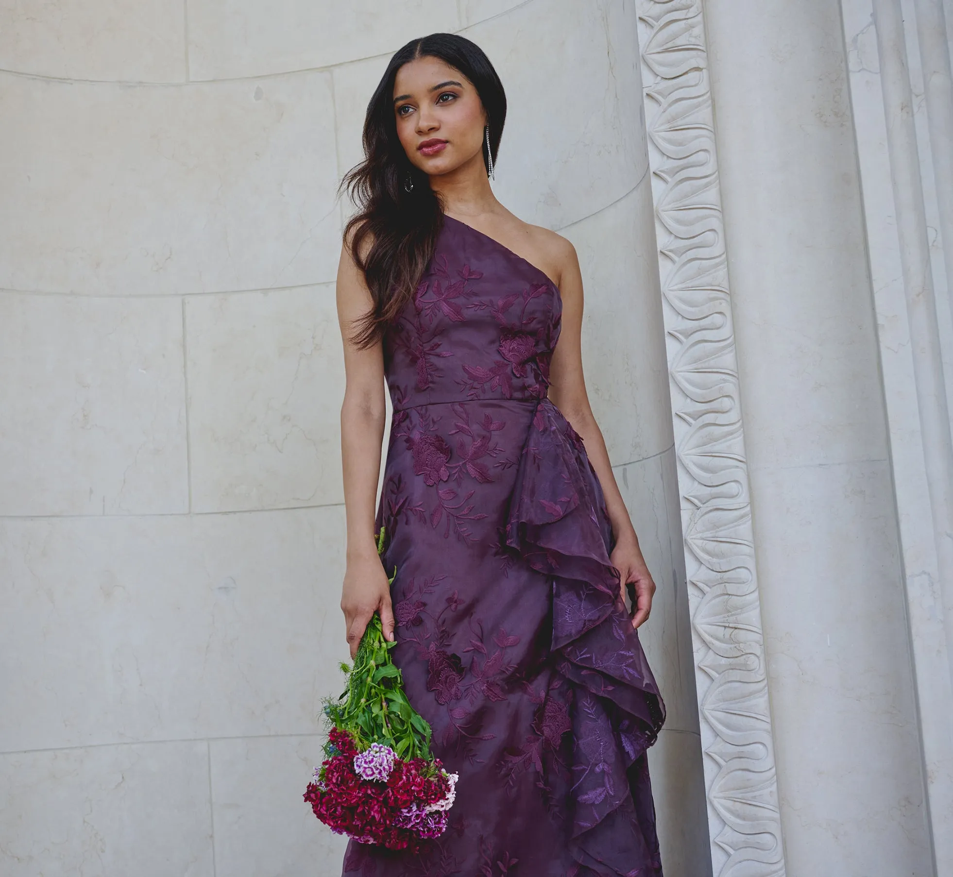 One Shoulder Floral Embroidered Gown In Raisin sold by Adrianna Papell