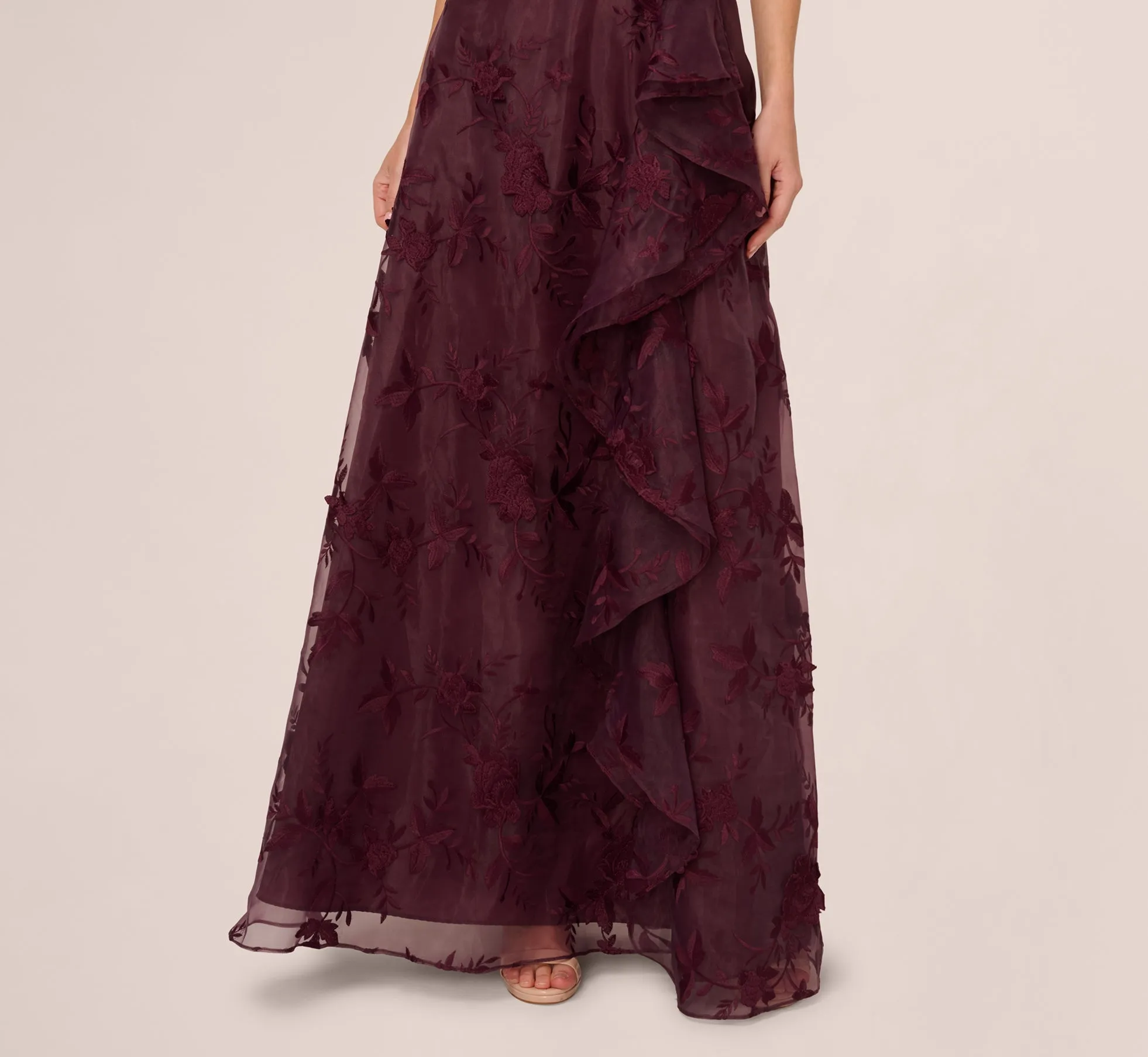 One Shoulder Floral Embroidered Gown In Raisin sold by Adrianna Papell product image thumbnail 5
