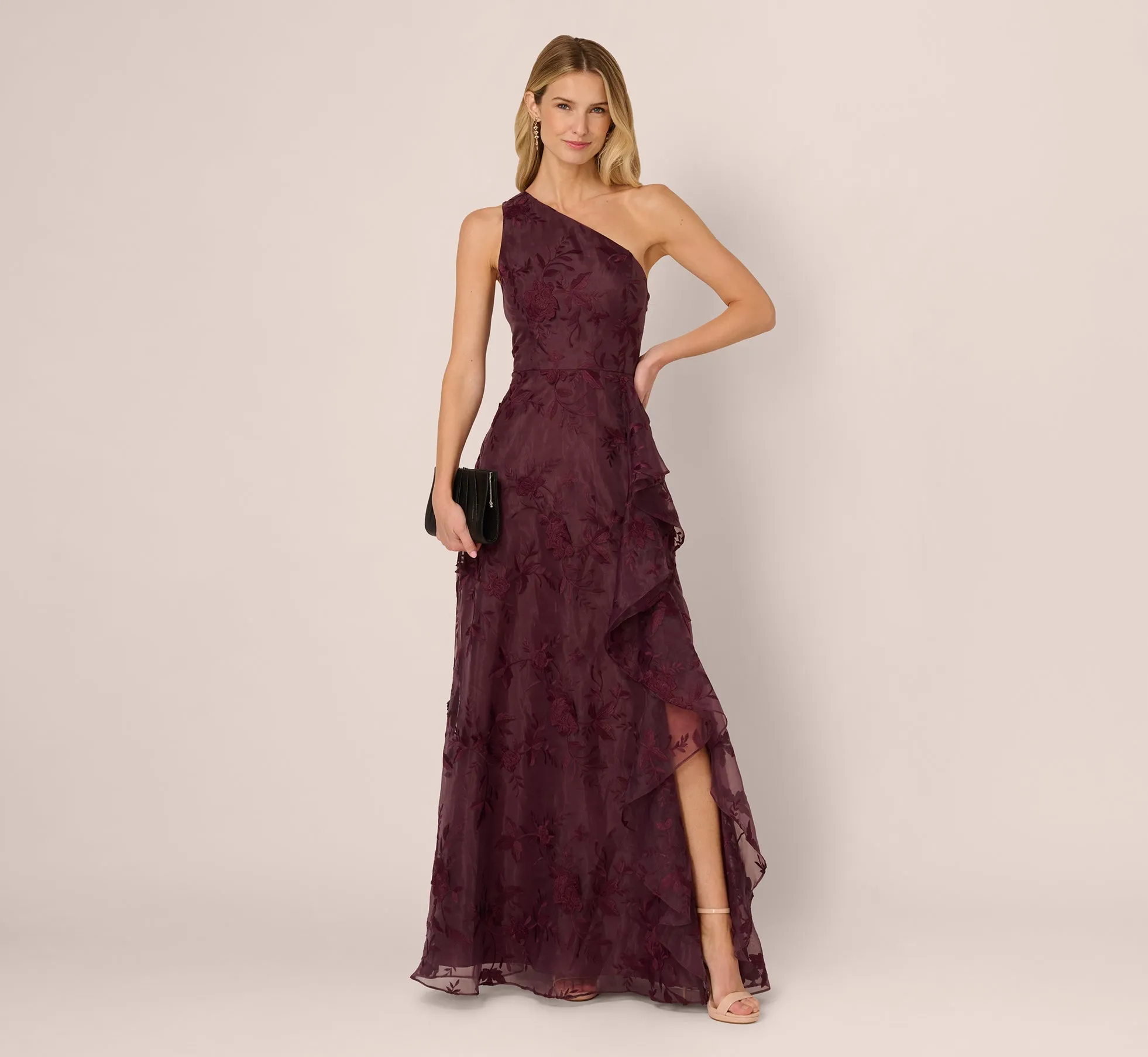 One Shoulder Floral Embroidered Gown In Raisin sold by Adrianna Papell product image thumbnail 2