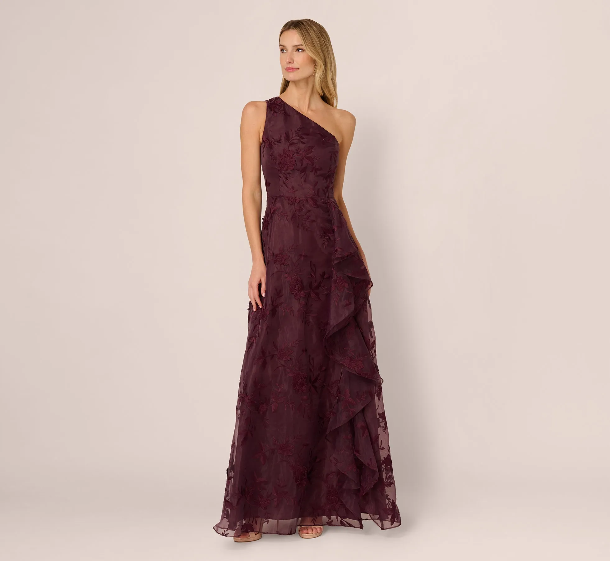 One Shoulder Floral Embroidered Gown In Raisin sold by Adrianna Papell product image thumbnail 3
