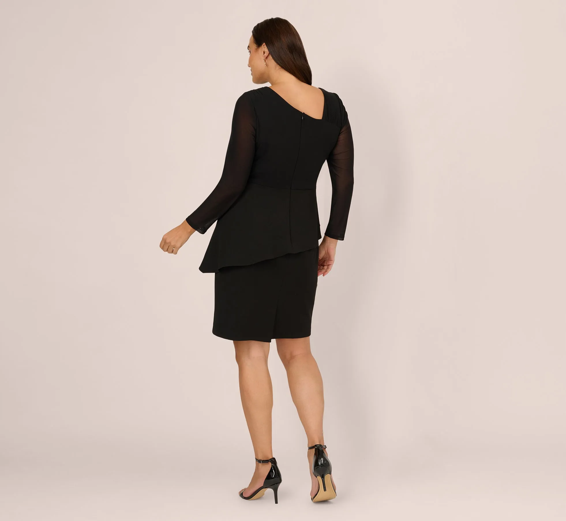 Plus Size Long Sleeve Asymmetrical Peplum Sheath Dress In Black sold by Adrianna Papell product image thumbnail 5