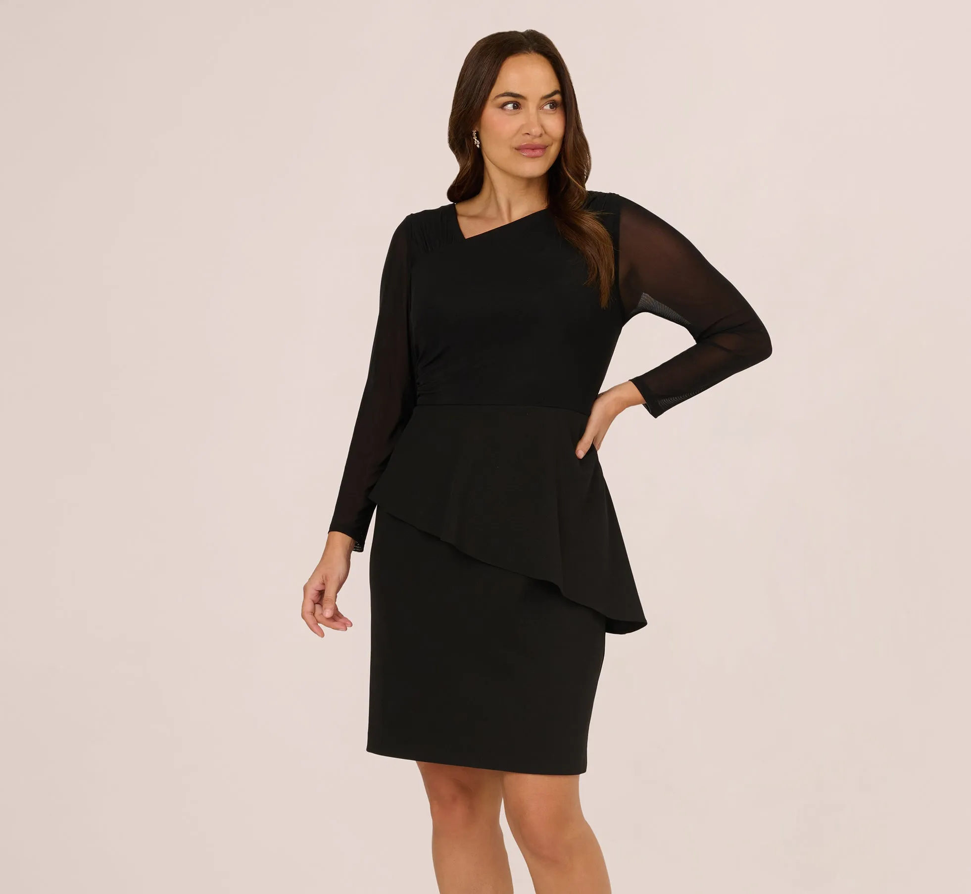 Plus Size Long Sleeve Asymmetrical Peplum Sheath Dress In Black sold by Adrianna Papell product image thumbnail 2
