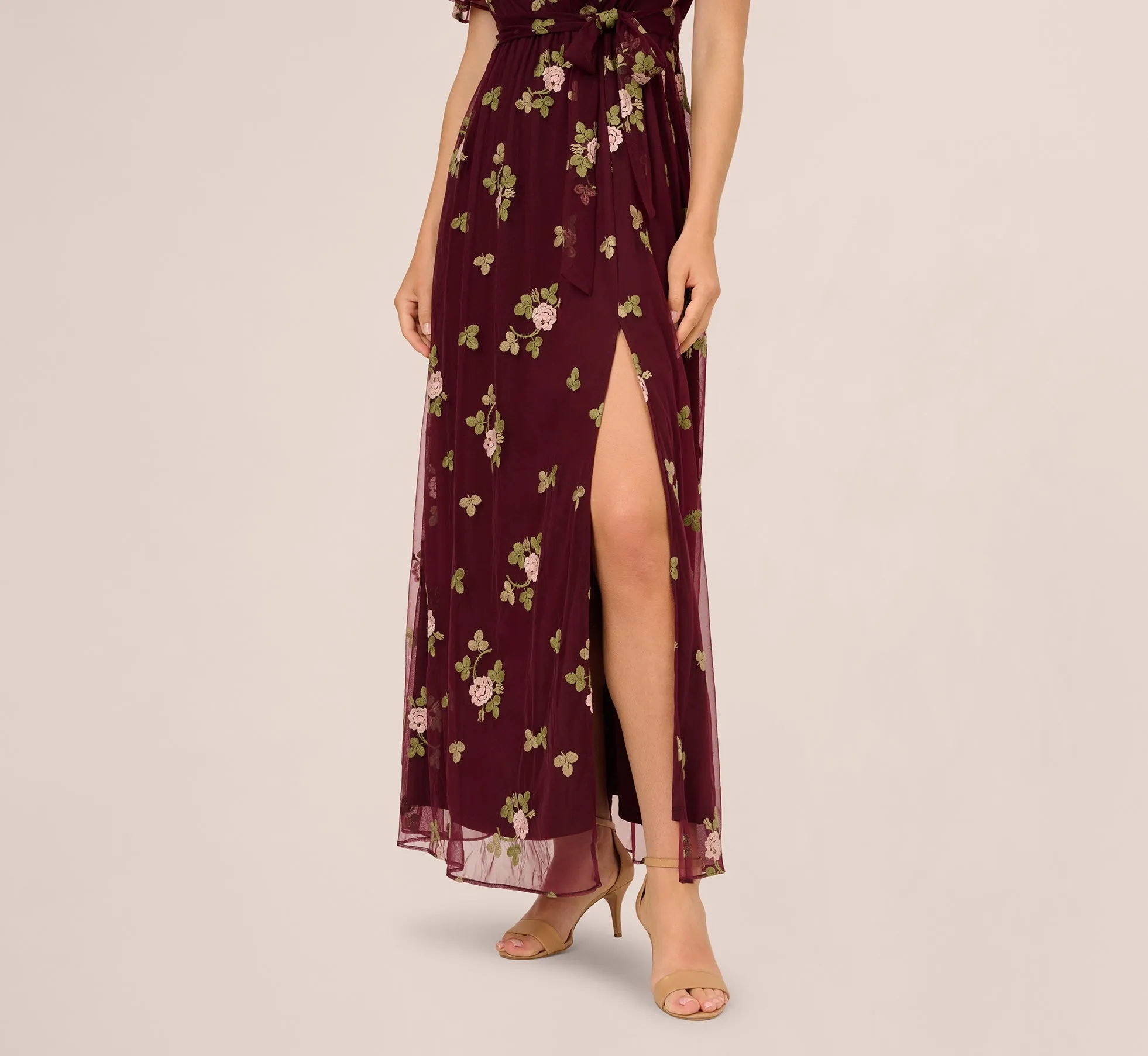 Floral Embroidered Maxi Dress With Sheer Flutter Sleeves In Burgundy Multi sold by Adrianna Papell product image thumbnail 3