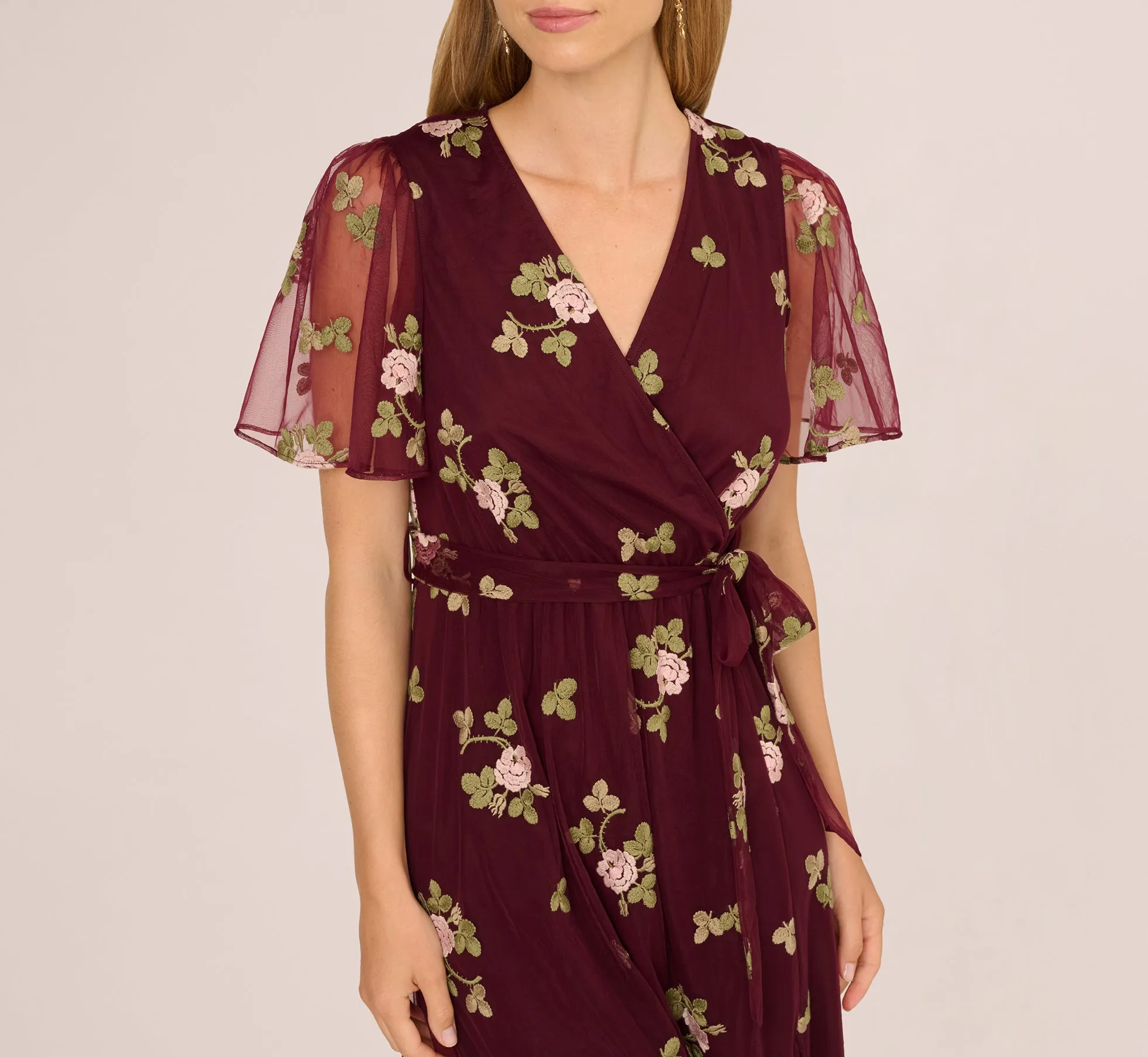 Floral Embroidered Maxi Dress With Sheer Flutter Sleeves In Burgundy Multi sold by Adrianna Papell product image thumbnail 4