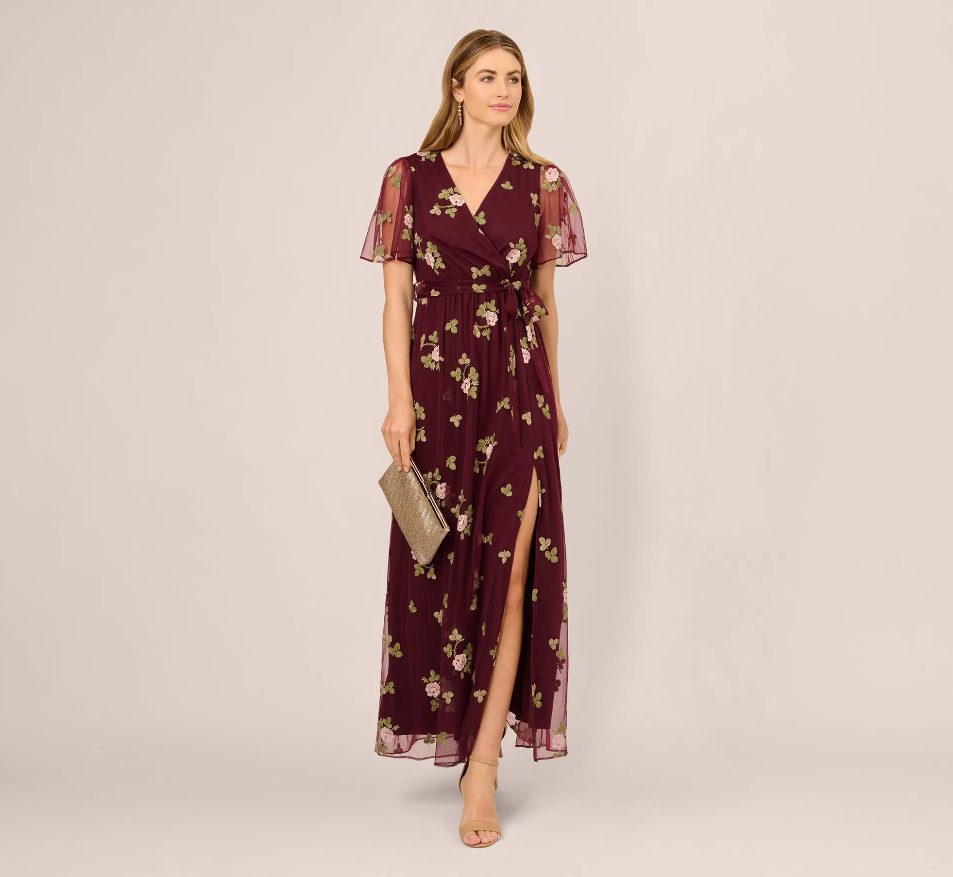Floral Embroidered Maxi Dress With Sheer Flutter Sleeves In Burgundy Multi sold by Adrianna Papell