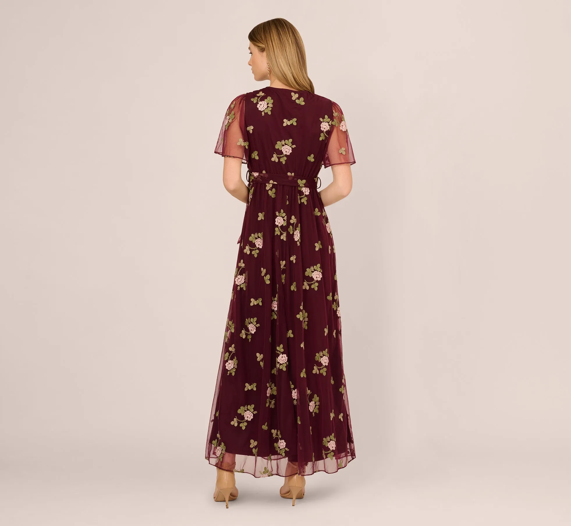 Floral Embroidered Maxi Dress With Sheer Flutter Sleeves In Burgundy Multi sold by Adrianna Papell product image thumbnail 5