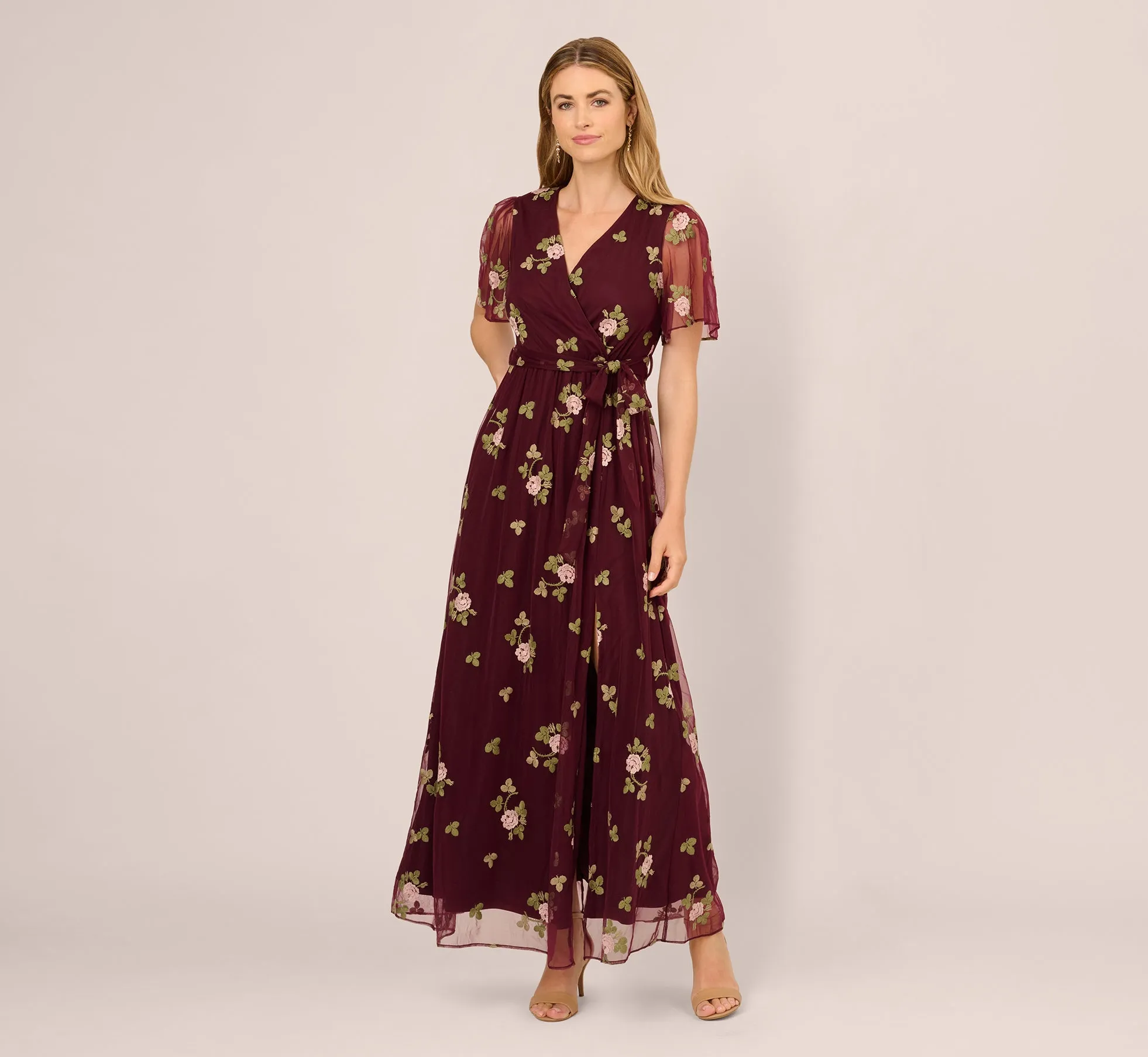 Floral Embroidered Maxi Dress With Sheer Flutter Sleeves In Burgundy Multi sold by Adrianna Papell product image thumbnail 2