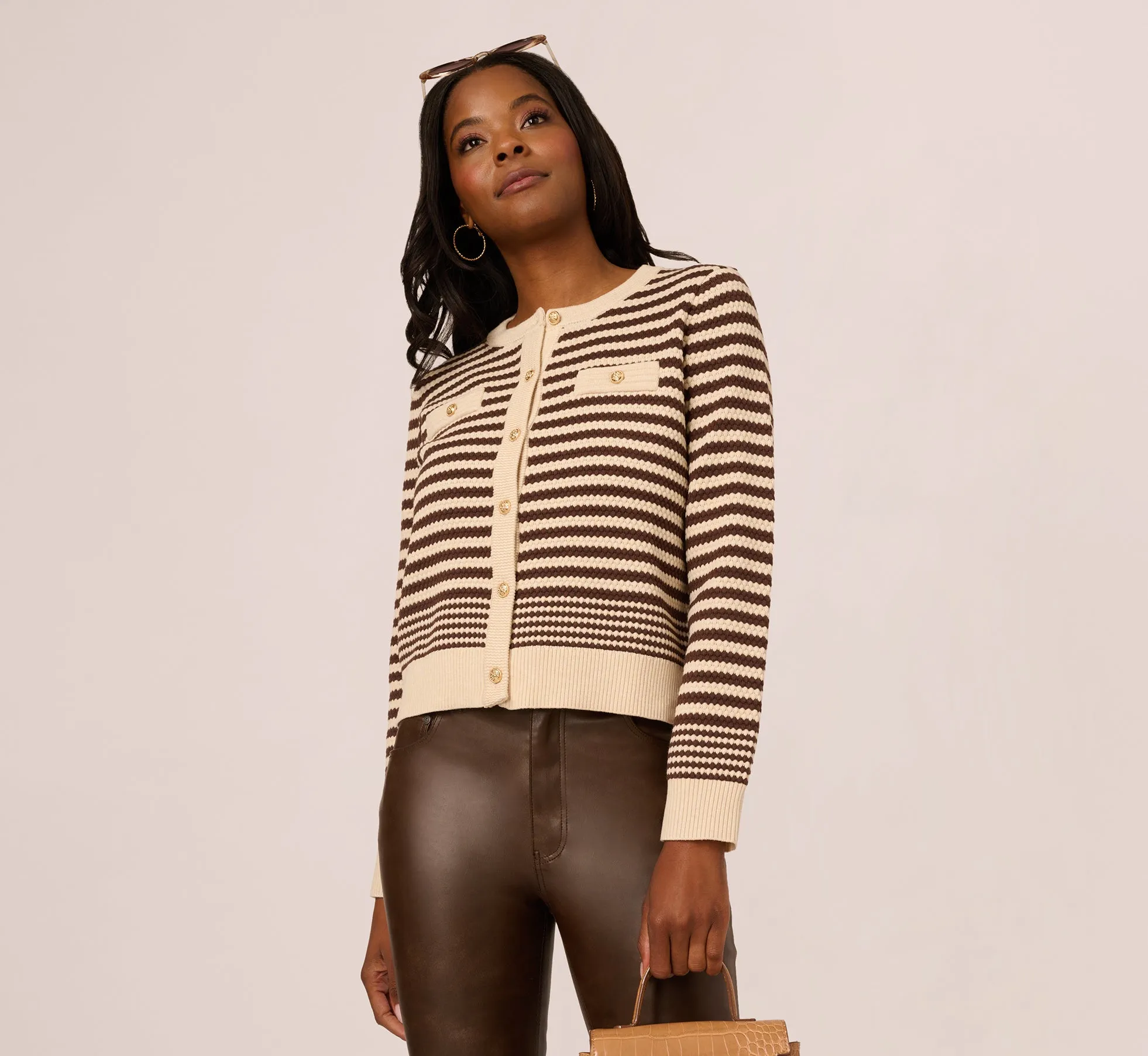 Crew Neck Button Front Striped Pointelle Cardigan Sweater In Cream Dark Brown sold by Adrianna Papell