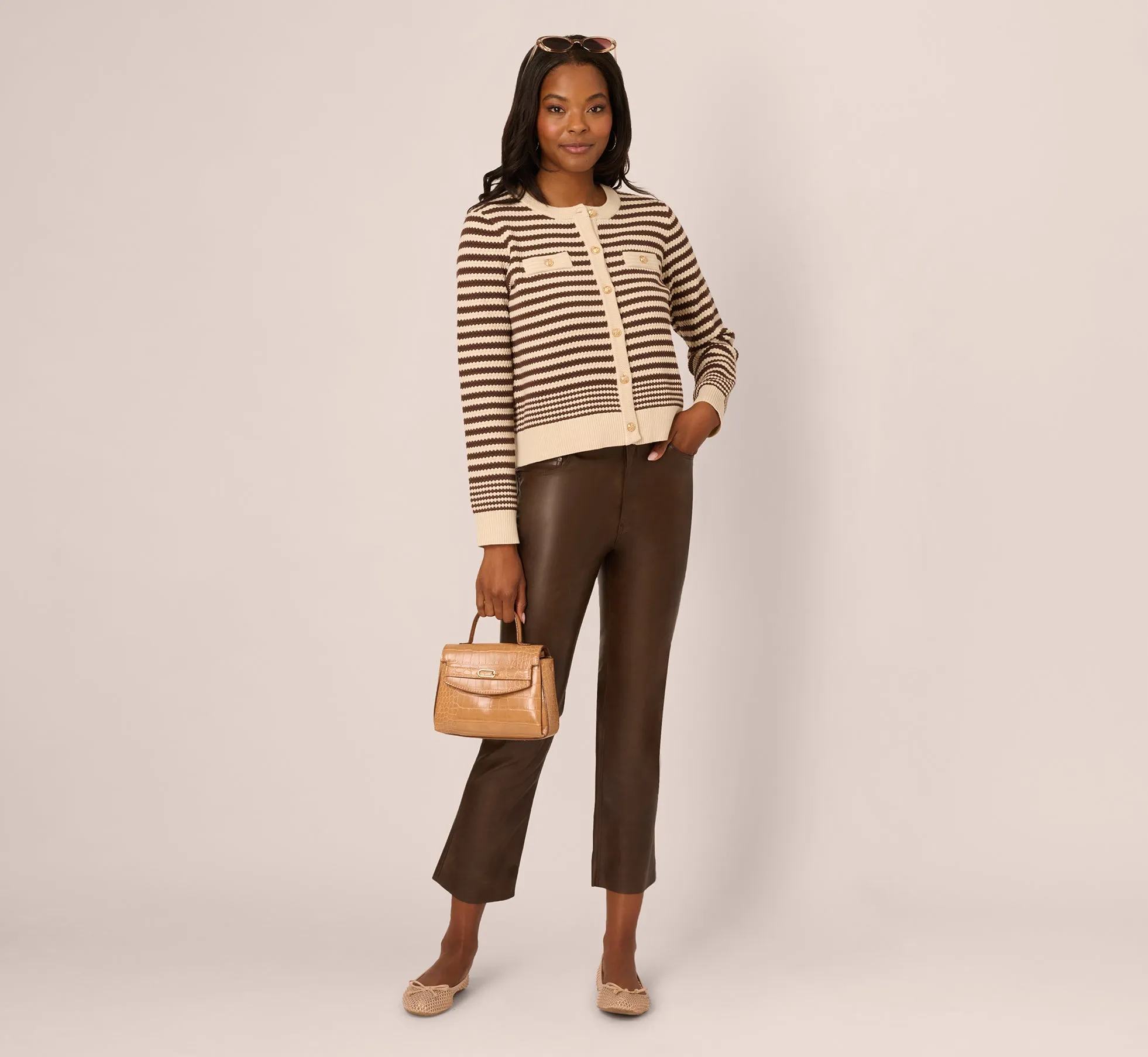 Crew Neck Button Front Striped Pointelle Cardigan Sweater In Cream Dark Brown sold by Adrianna Papell product image thumbnail 2