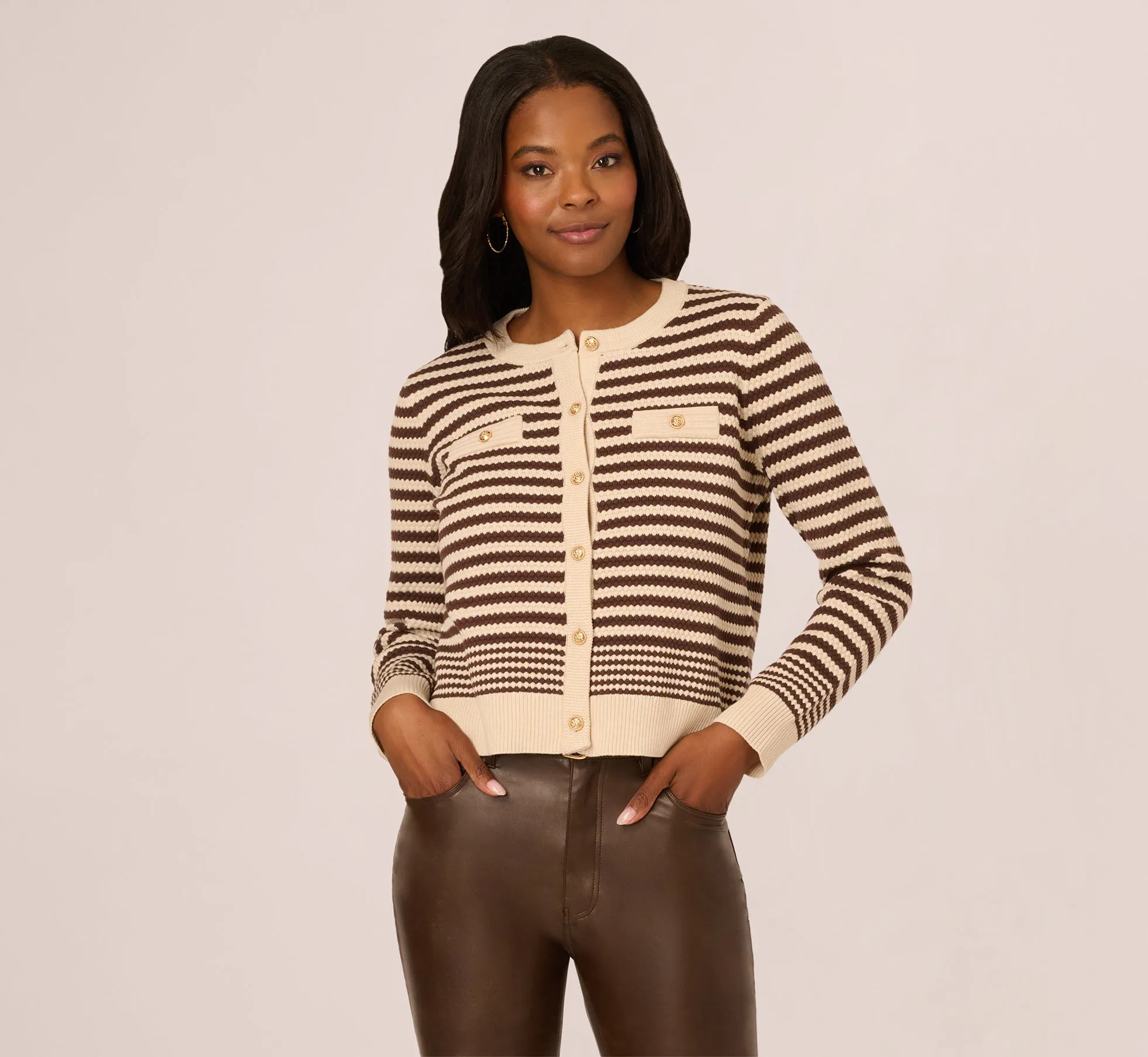 Crew Neck Button Front Striped Pointelle Cardigan Sweater In Cream Dark Brown sold by Adrianna Papell product image thumbnail 3
