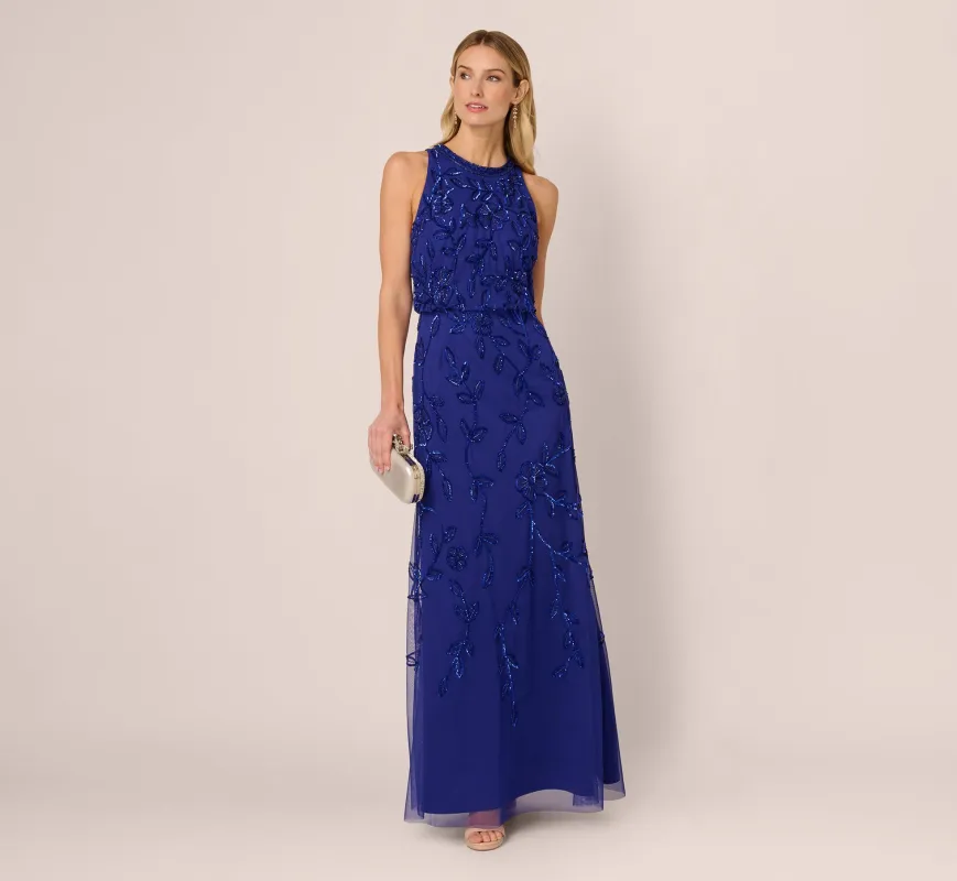 Sleeveless Blouson Mermaid Gown With Jasmine Beading In Dark Blue Violet sold by Adrianna Papell