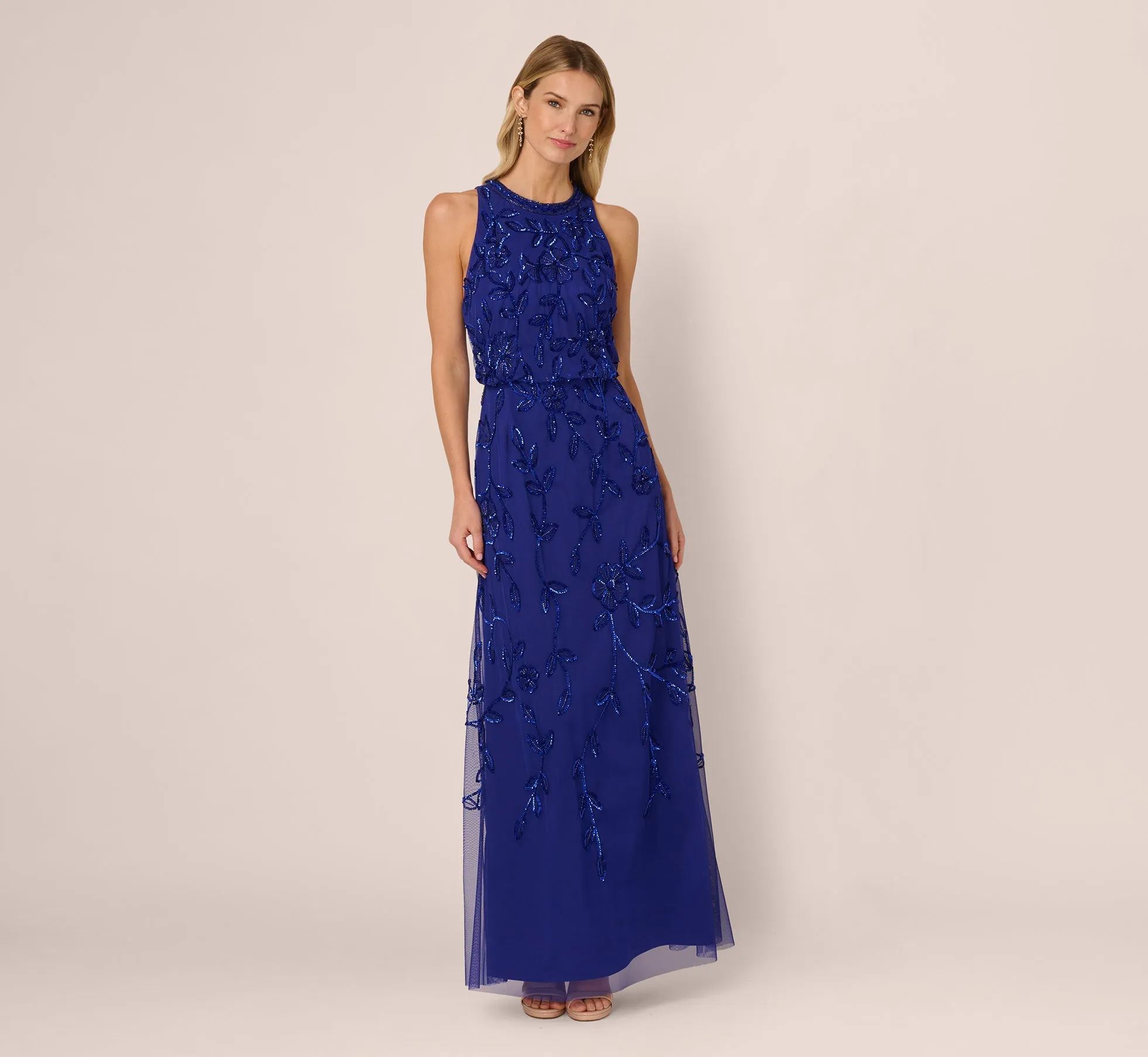 Sleeveless Blouson Mermaid Gown With Jasmine Beading In Dark Blue Violet sold by Adrianna Papell product image thumbnail 2