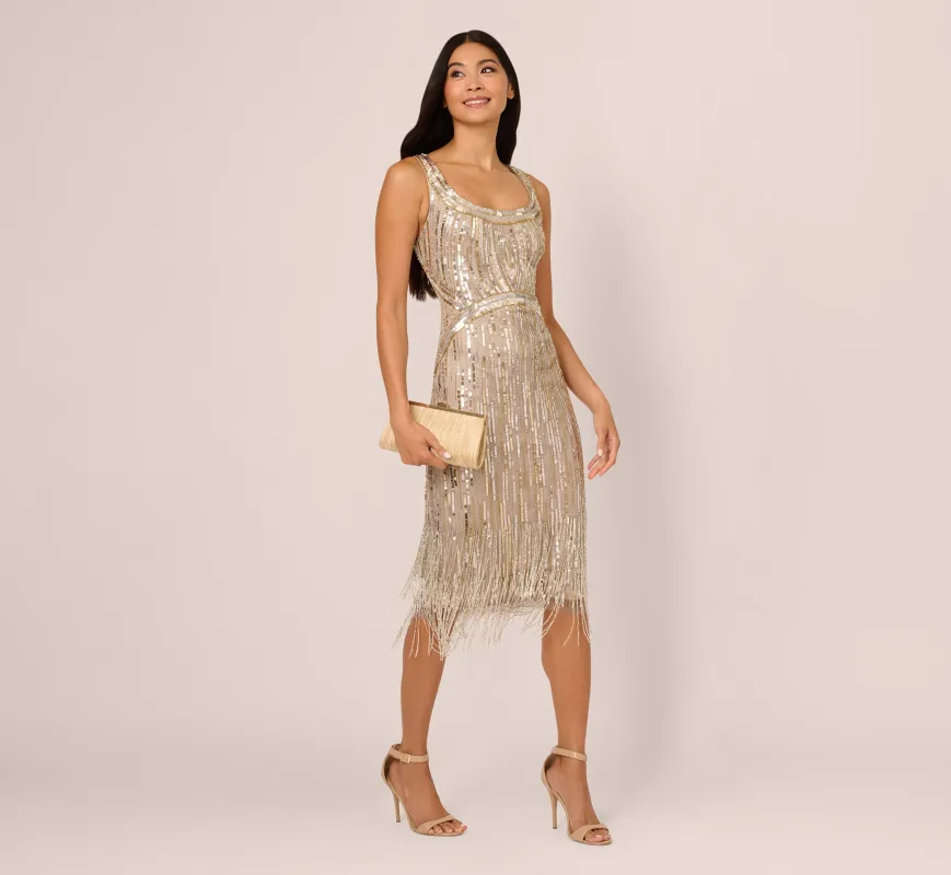 Beaded Fringe Dress In Platinum made by Adrianna Papell