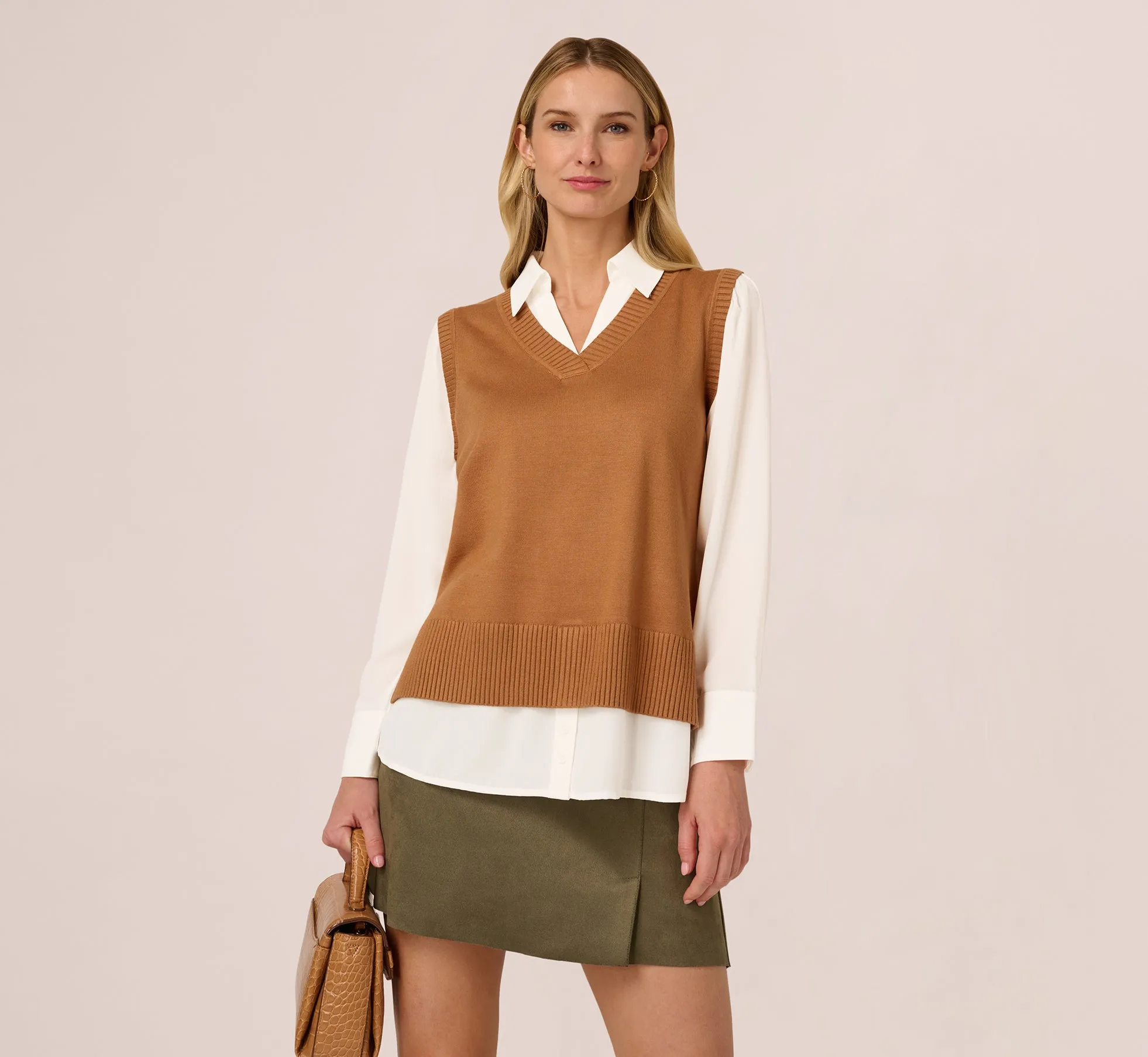 Long Sleeve Sweater Vest Twofer Blouse In Camel Ivory sold by Adrianna Papell product image thumbnail 2