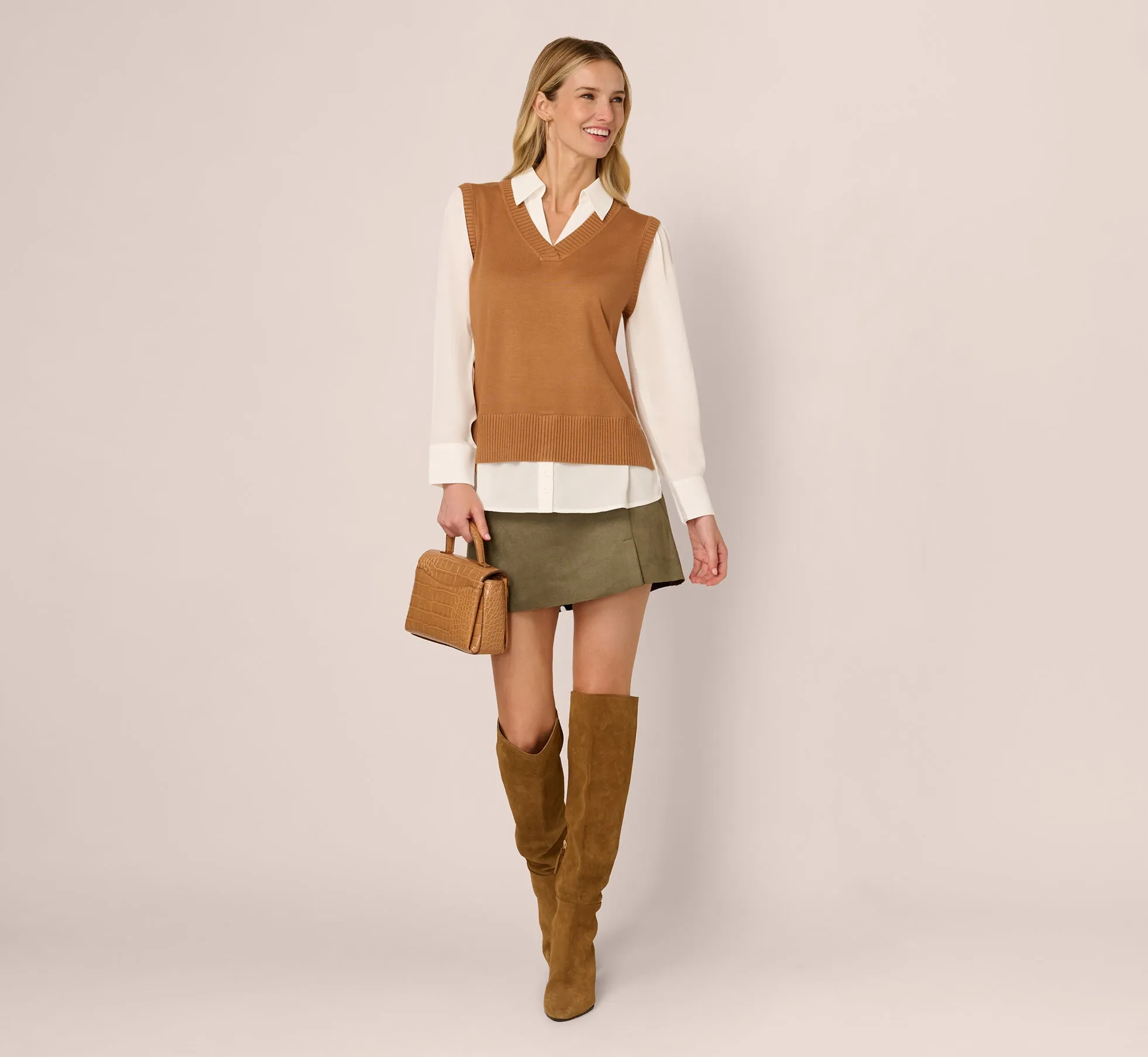 Long Sleeve Sweater Vest Twofer Blouse In Camel Ivory sold by Adrianna Papell product image thumbnail 3