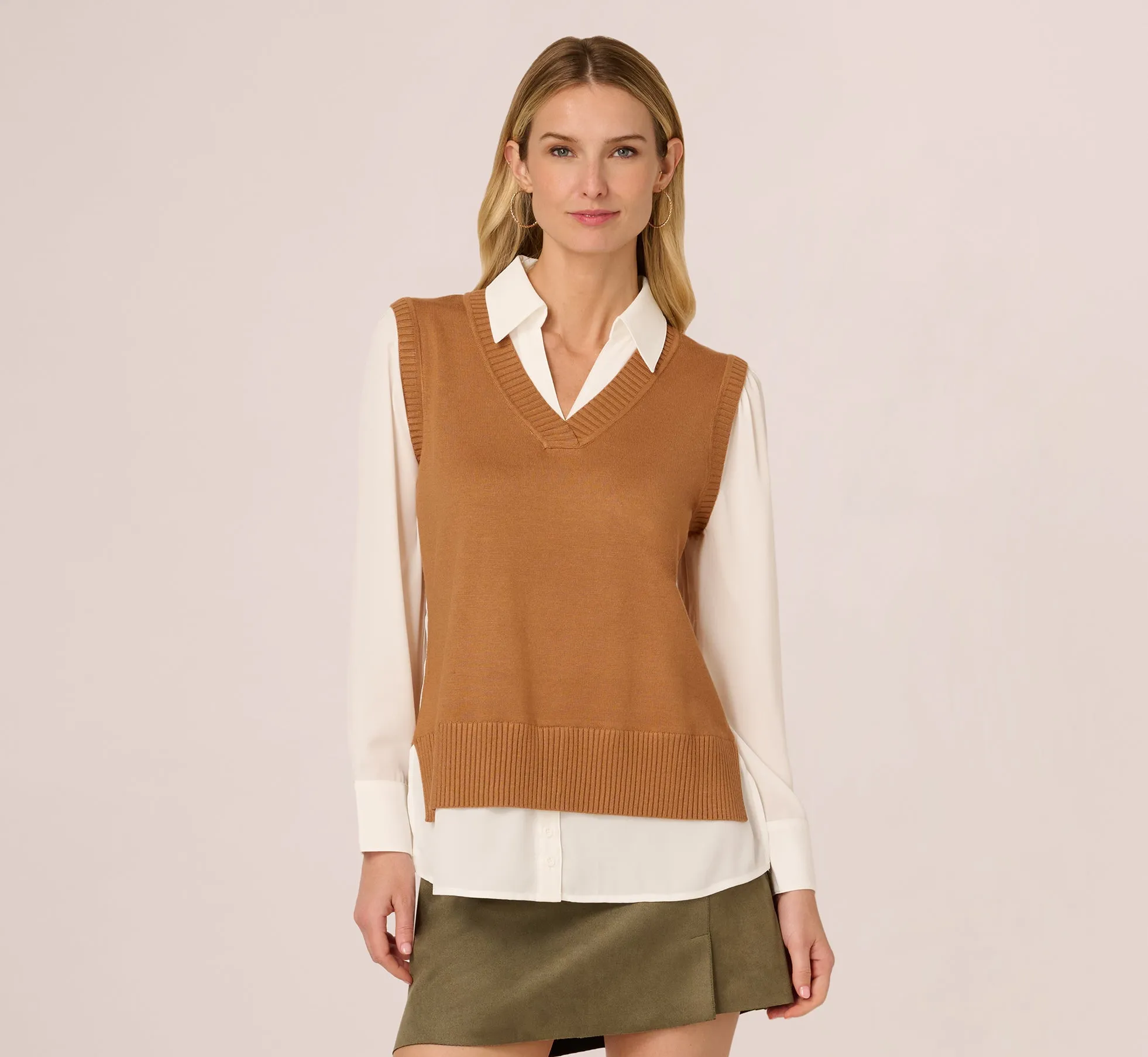 Long Sleeve Sweater Vest Twofer Blouse In Camel Ivory sold by Adrianna Papell product image thumbnail 4