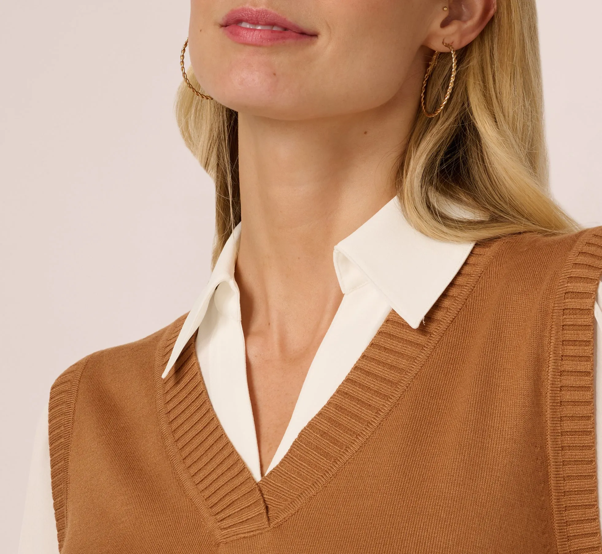 Long Sleeve Sweater Vest Twofer Blouse In Camel Ivory sold by Adrianna Papell product image thumbnail 5