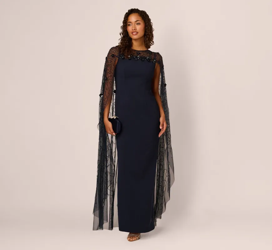 Floral Beaded Cape Gown In Midnight sold by Adrianna Papell