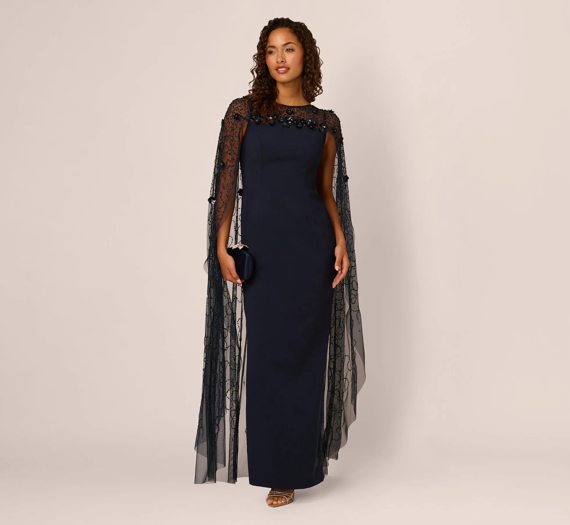 Floral Beaded Cape Gown In Midnight sold by Adrianna Papell
