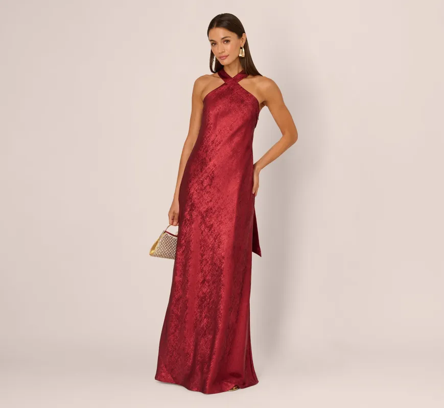 Foiled Mermaid Gown With Halter Neckline In Wine sold by Adrianna Papell