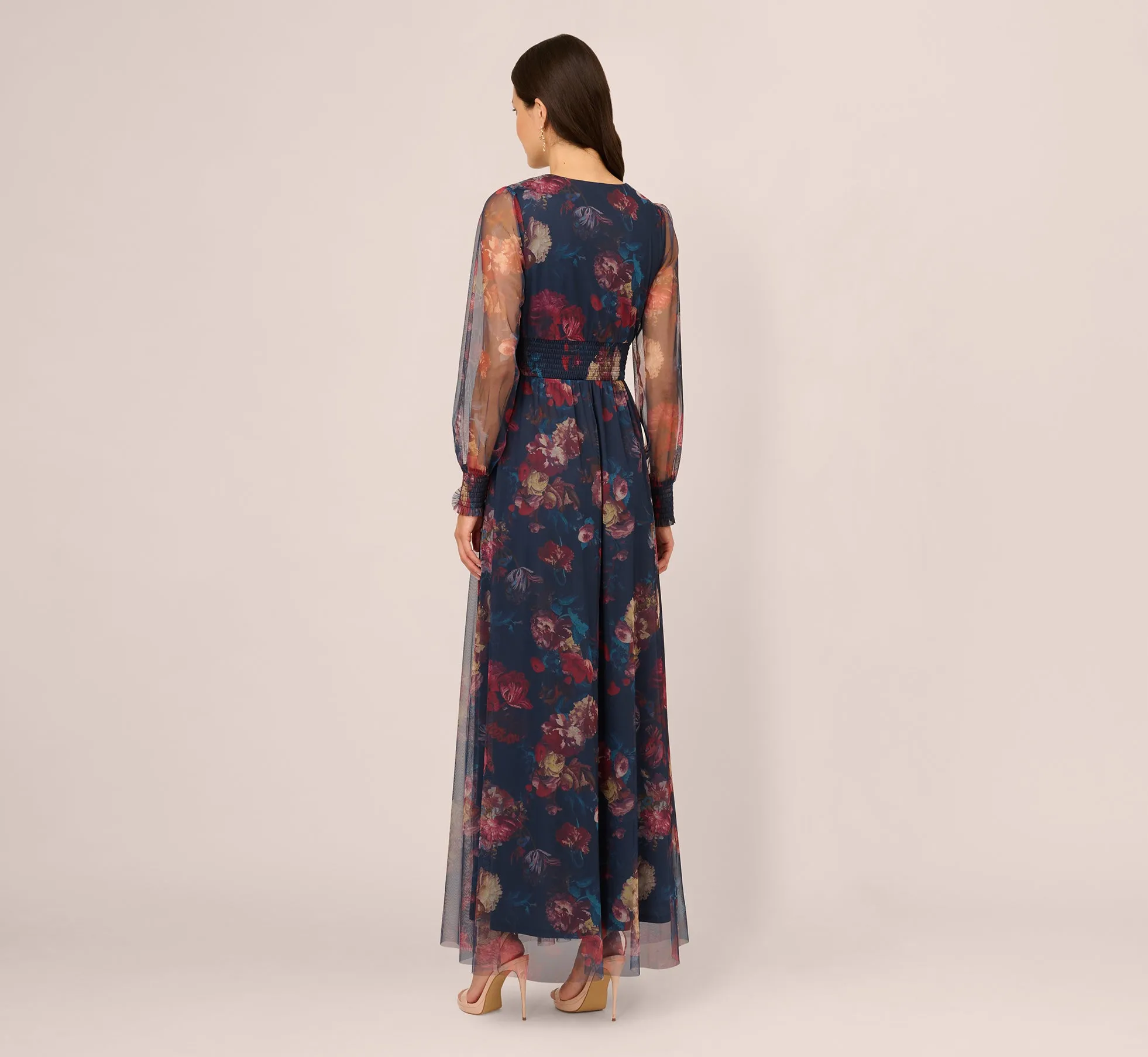 Bishop Sleeve Floral Mesh Maxi Dress In Navy Multi sold by Adrianna Papell product image thumbnail 5