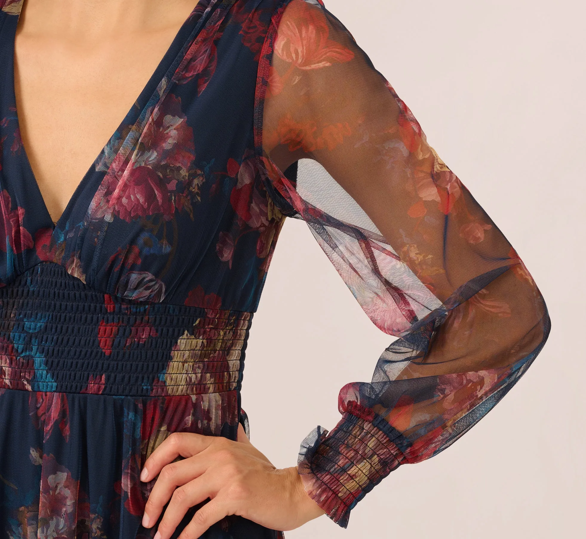 Bishop Sleeve Floral Mesh Maxi Dress In Navy Multi sold by Adrianna Papell product image thumbnail 3