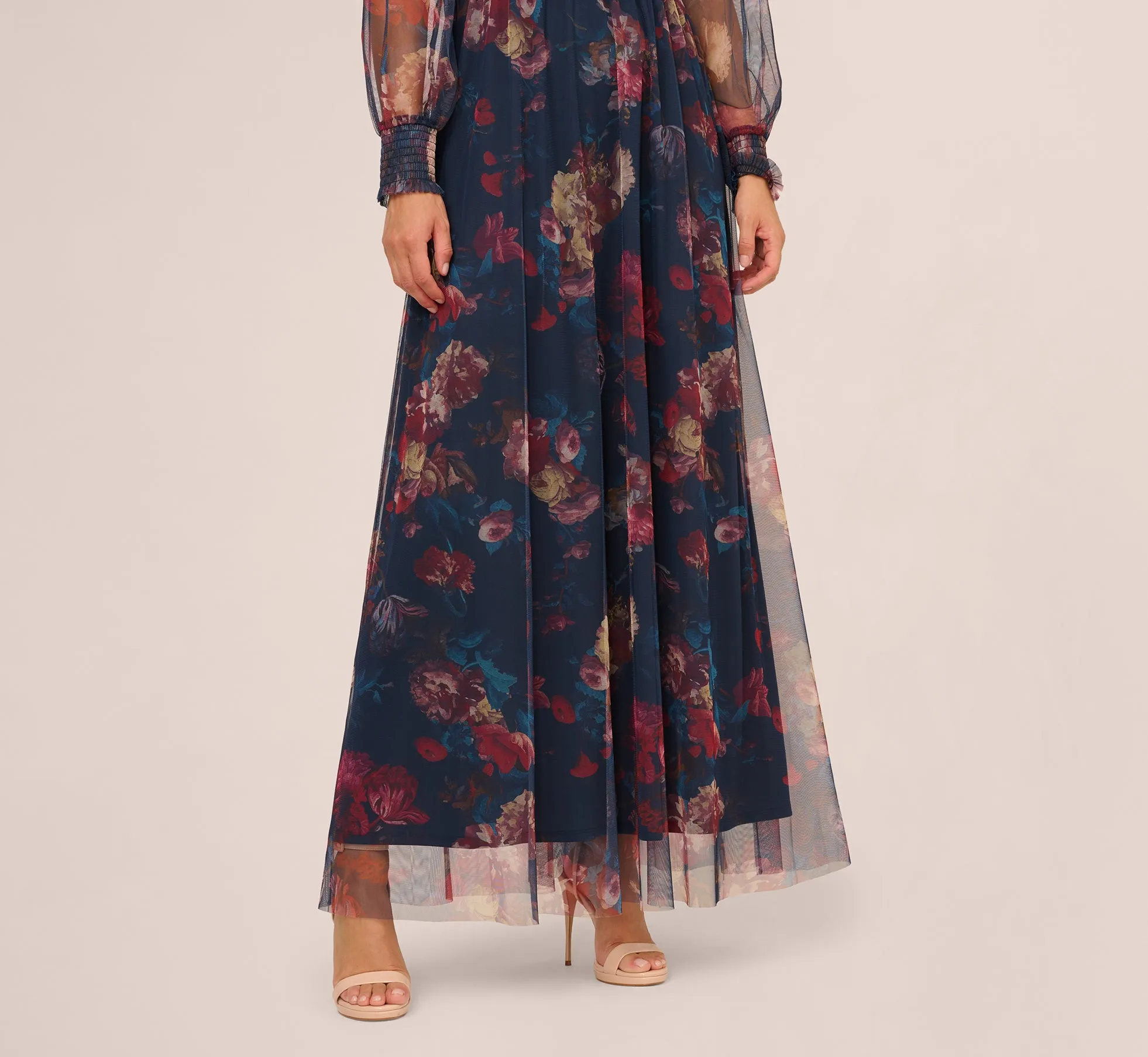 Bishop Sleeve Floral Mesh Maxi Dress In Navy Multi sold by Adrianna Papell product image thumbnail 4