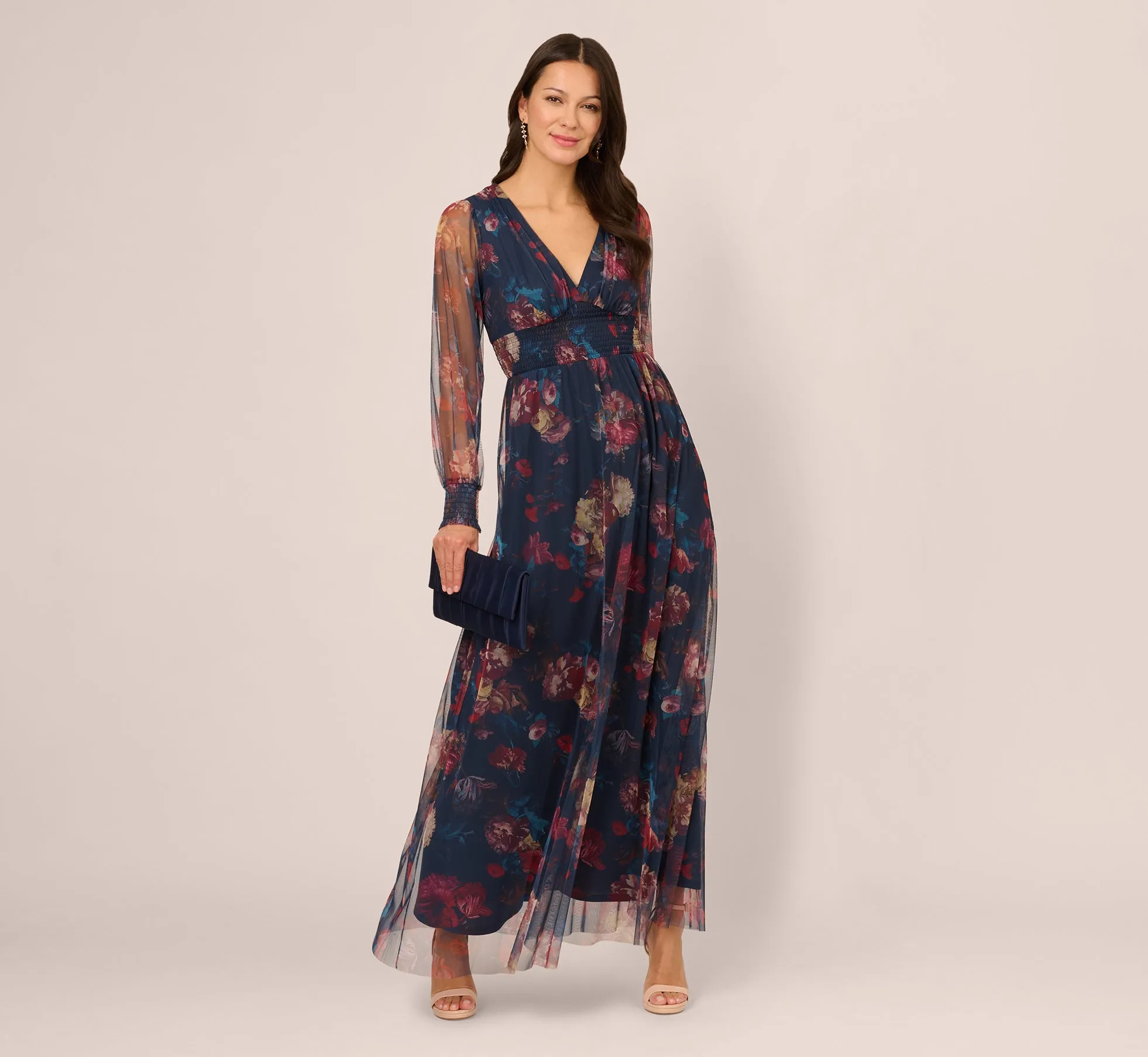Bishop Sleeve Floral Mesh Maxi Dress In Navy Multi sold by Adrianna Papell