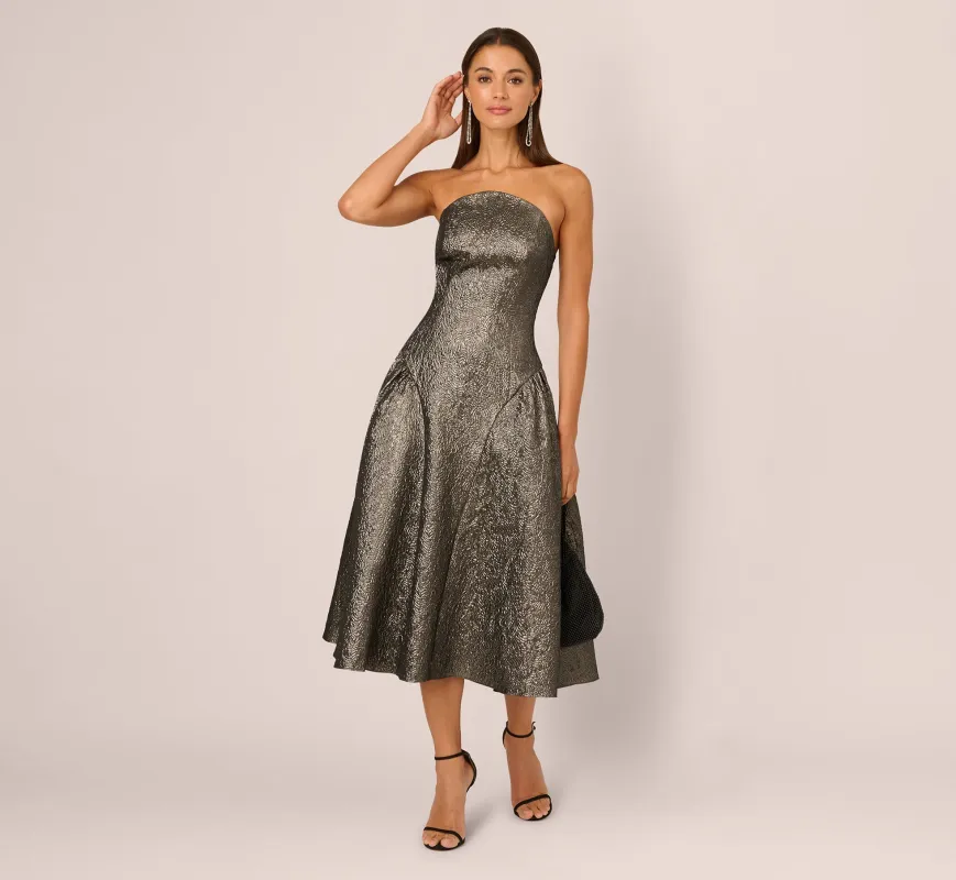 Strapless Drop Waist Metallic Midi Dress In Gunmetal sold by Adrianna Papell