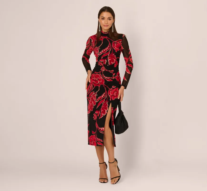 Long Sleeve Floral Mesh Bodycon Midi Dress In Black Multi sold by Adrianna Papell