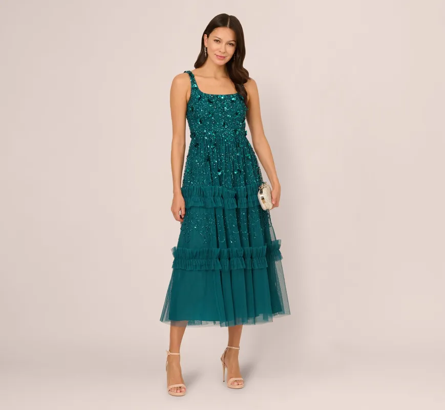 Sleeveless Floral Beaded Ruffle Midi Dress In Deep Azure sold by Adrianna Papell