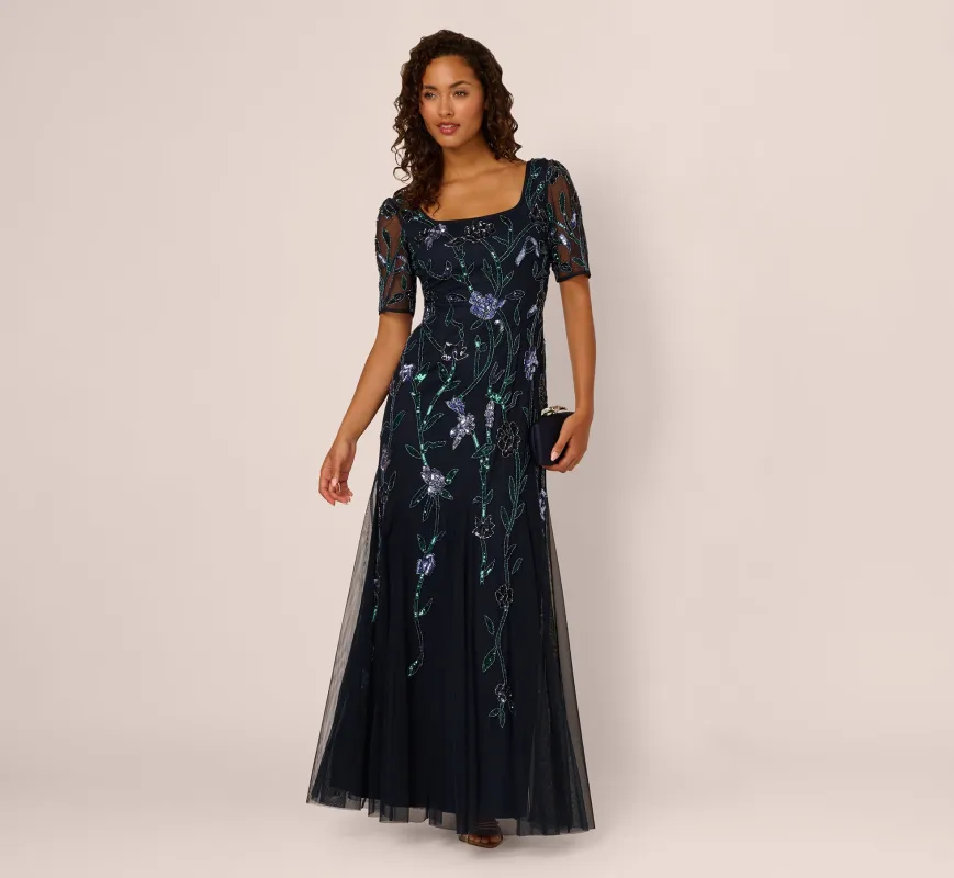 Square Neck Short Sleeve Beaded Godet Gown In Midnight Multi sold by Adrianna Papell