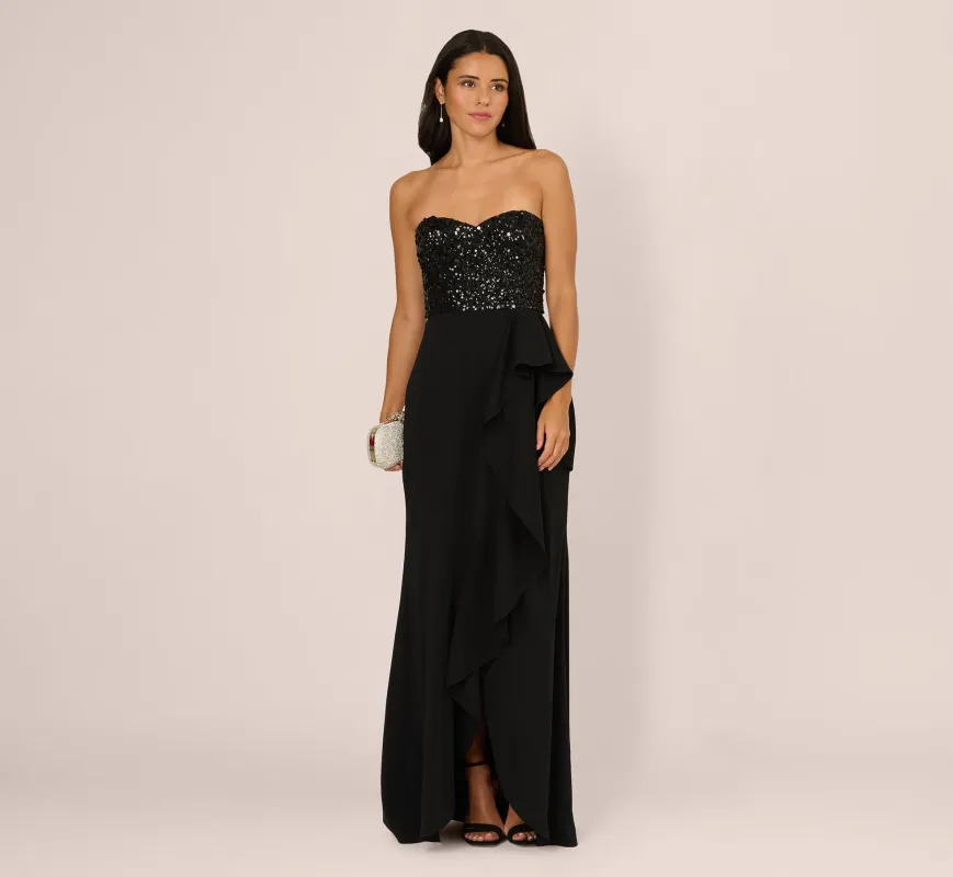 Strapless Sequin Ruffle Combo Gown In Black sold by Adrianna Papell